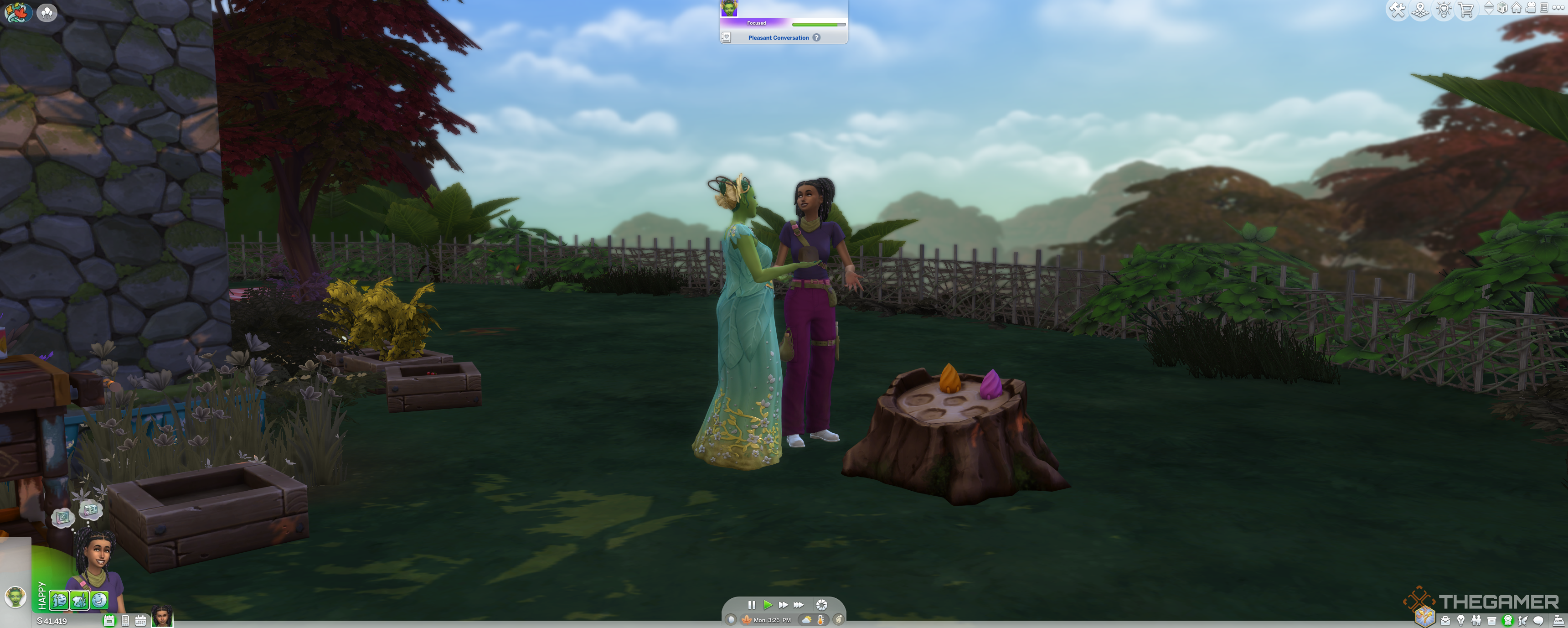 A sim tralking to mother nature next to the plantsim stump.