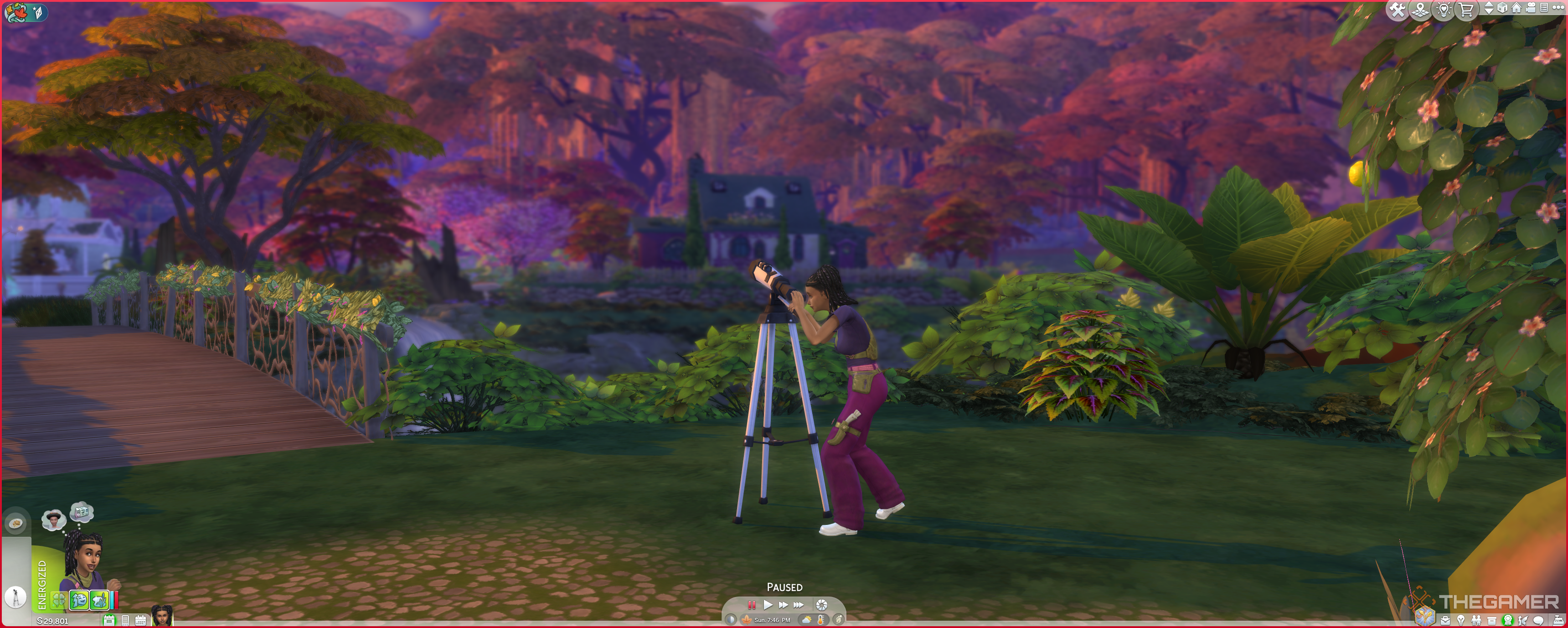 A Sim using a telescope in the garden.