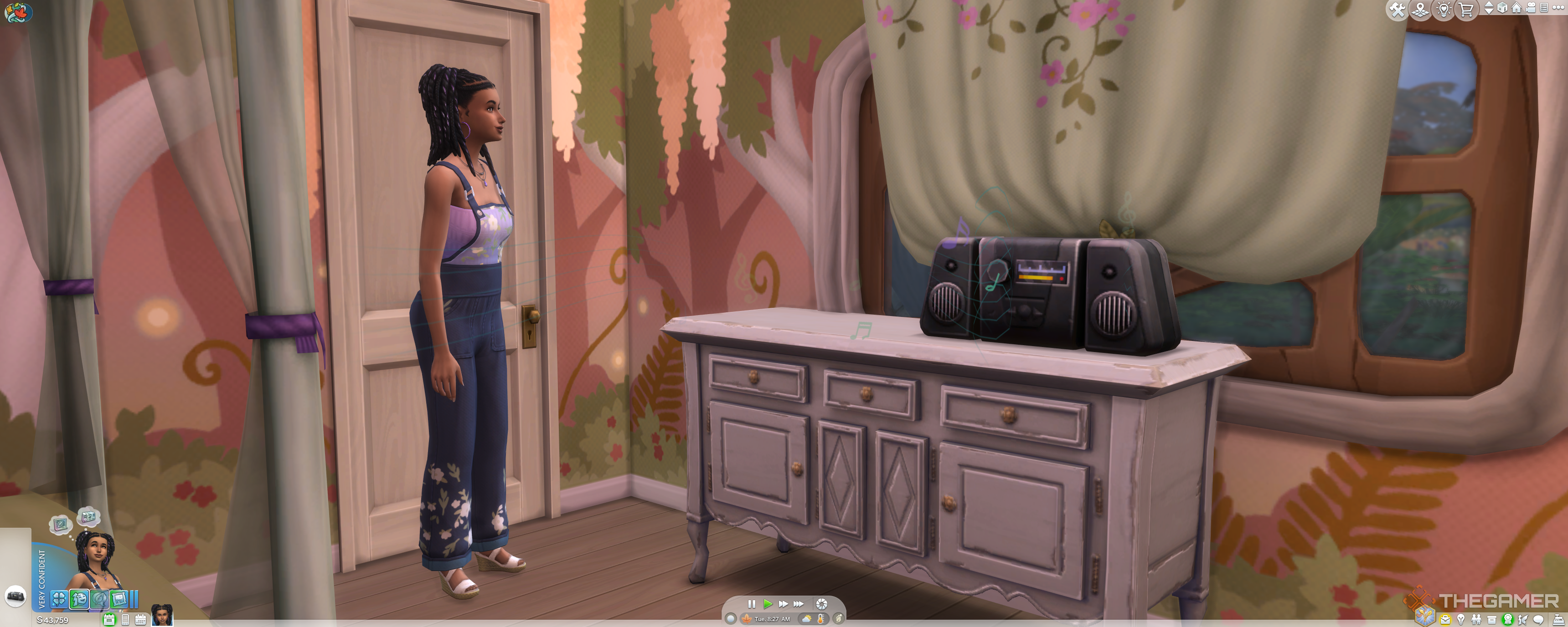 A sim with a stereo in their bedroom.