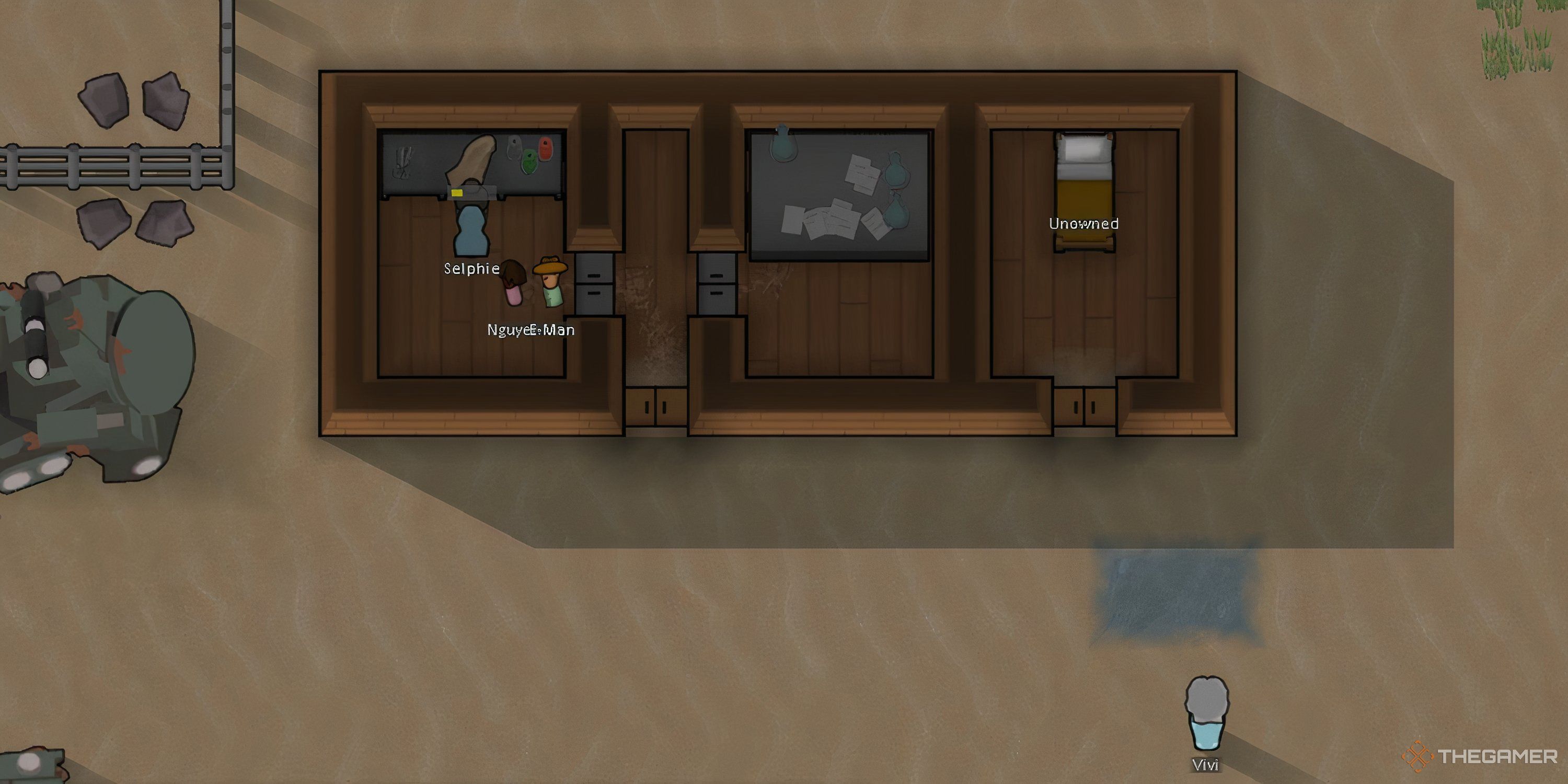 A small shed with three rooms in it in Rimworld.