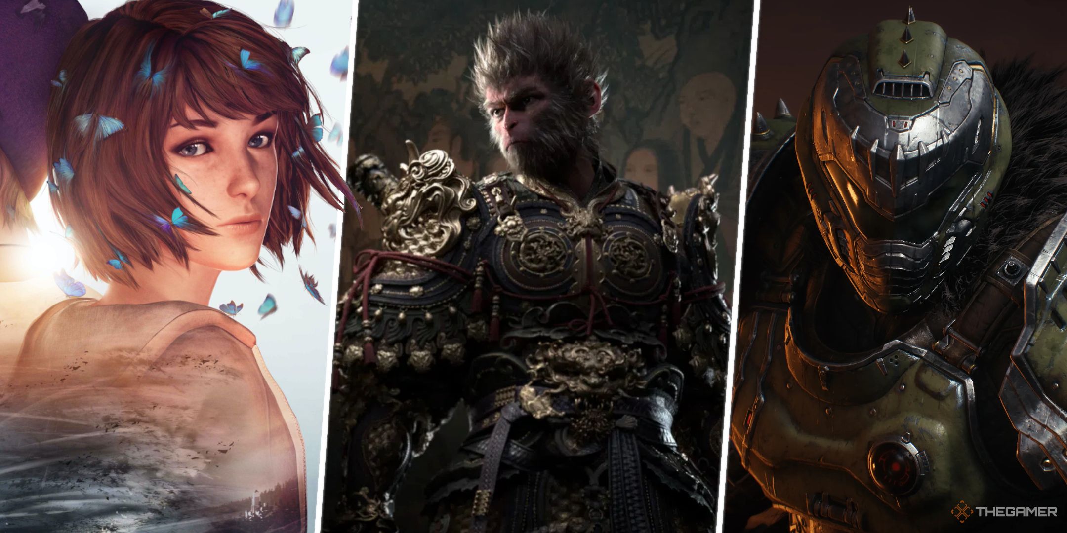 A split image of Max, Wukong, and the Doom Slayer.