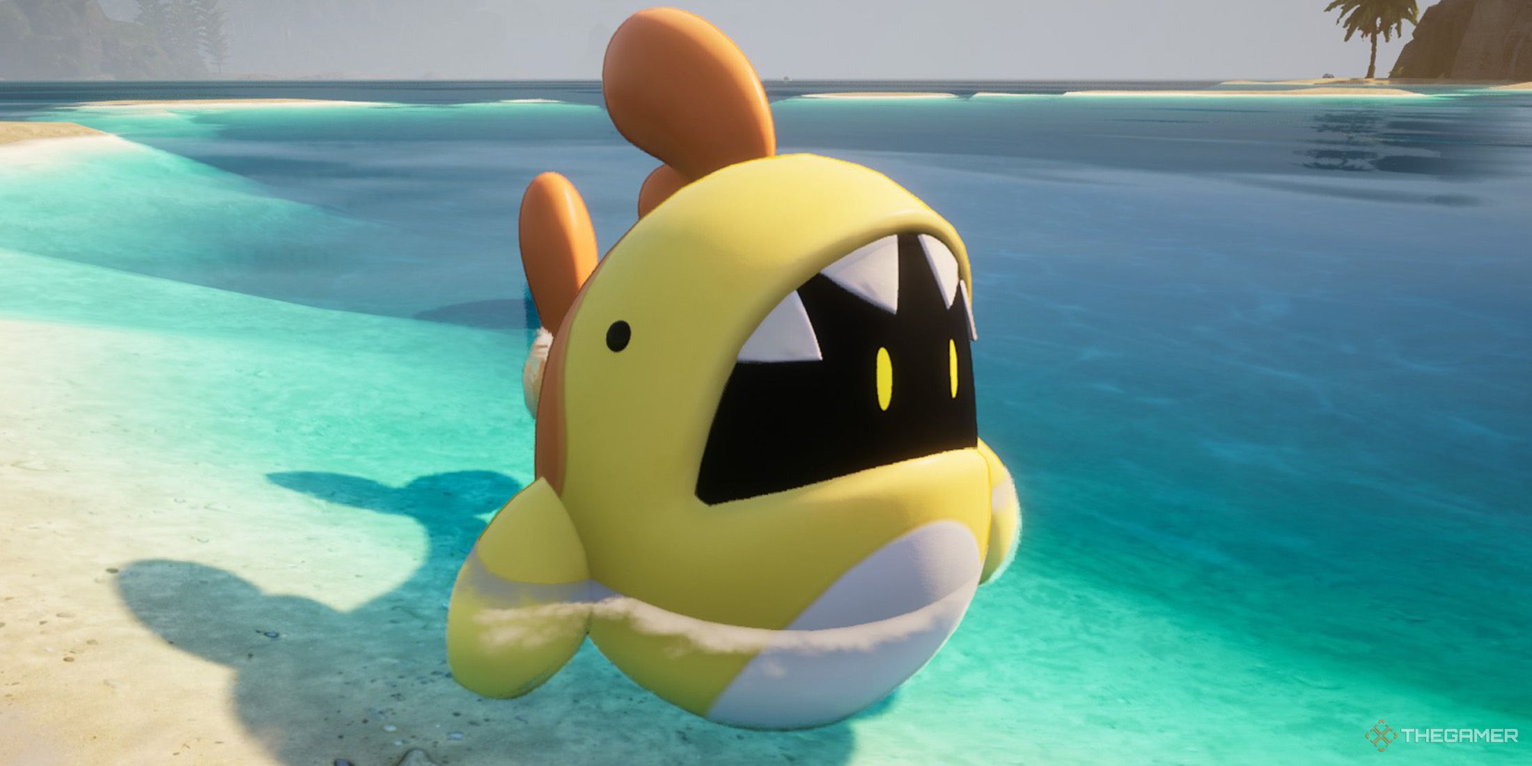 A wild Finsider is swimming on the beach in Palworld.