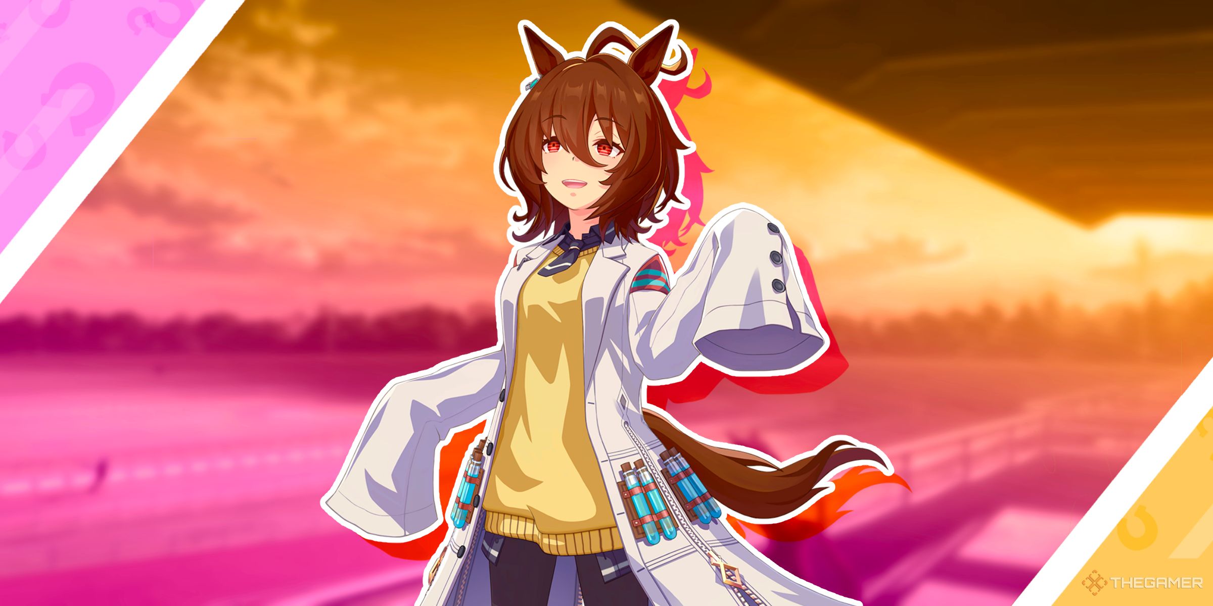 Agnes Tachyon in her race outfit in front of a race track from Umamusume Pretty Derby.