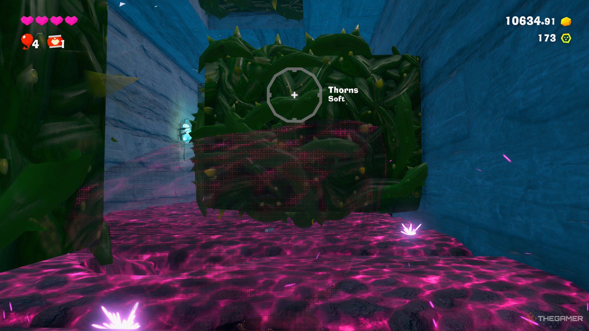 Aiming a Boom Bomb at a wall of thorns in the Thorn-Choked Conveyor level in Donkey Kong Bananza.