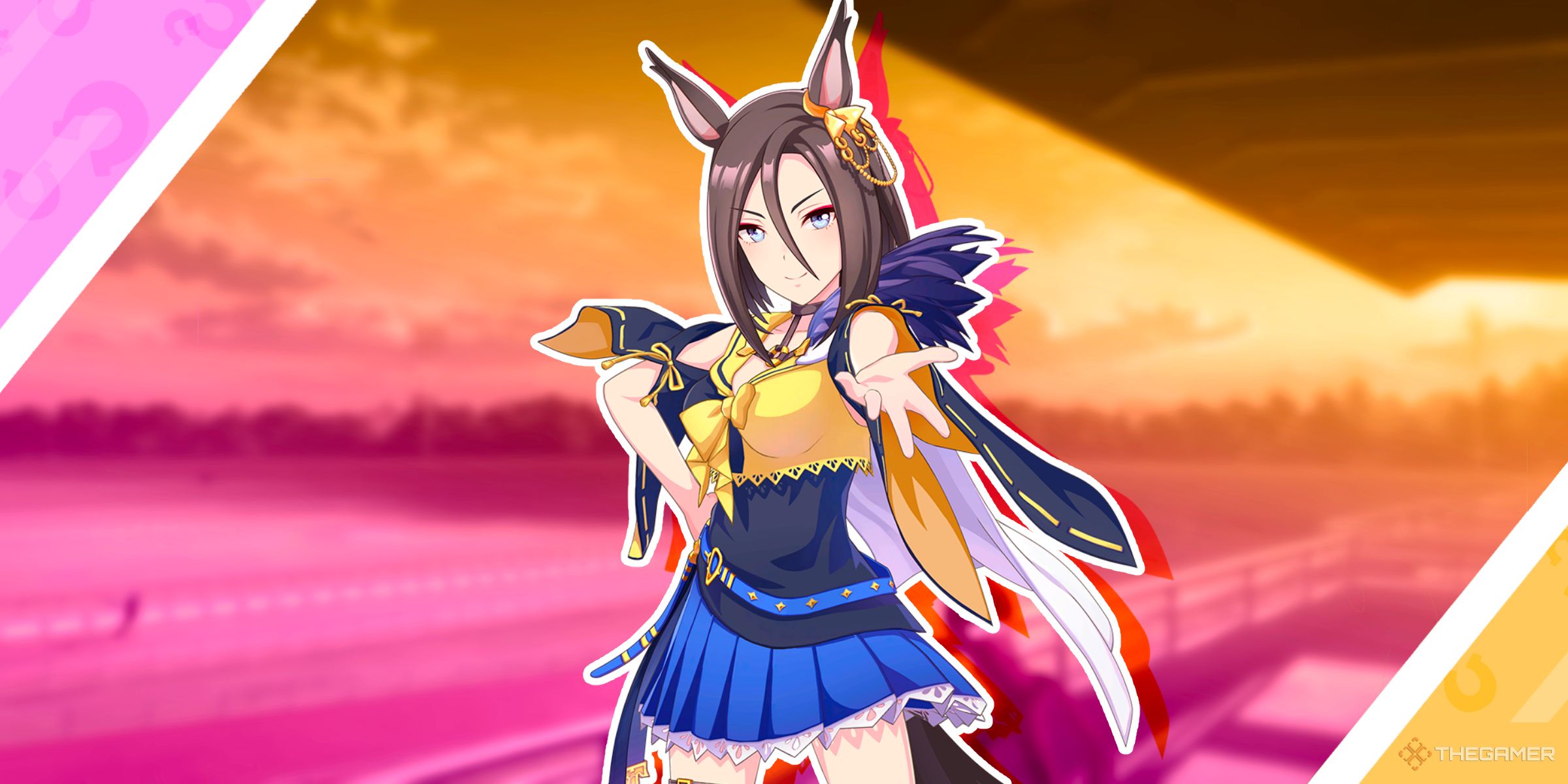 Air Groove in her race outfit in front of a race track from Umamusume Pretty Derby.