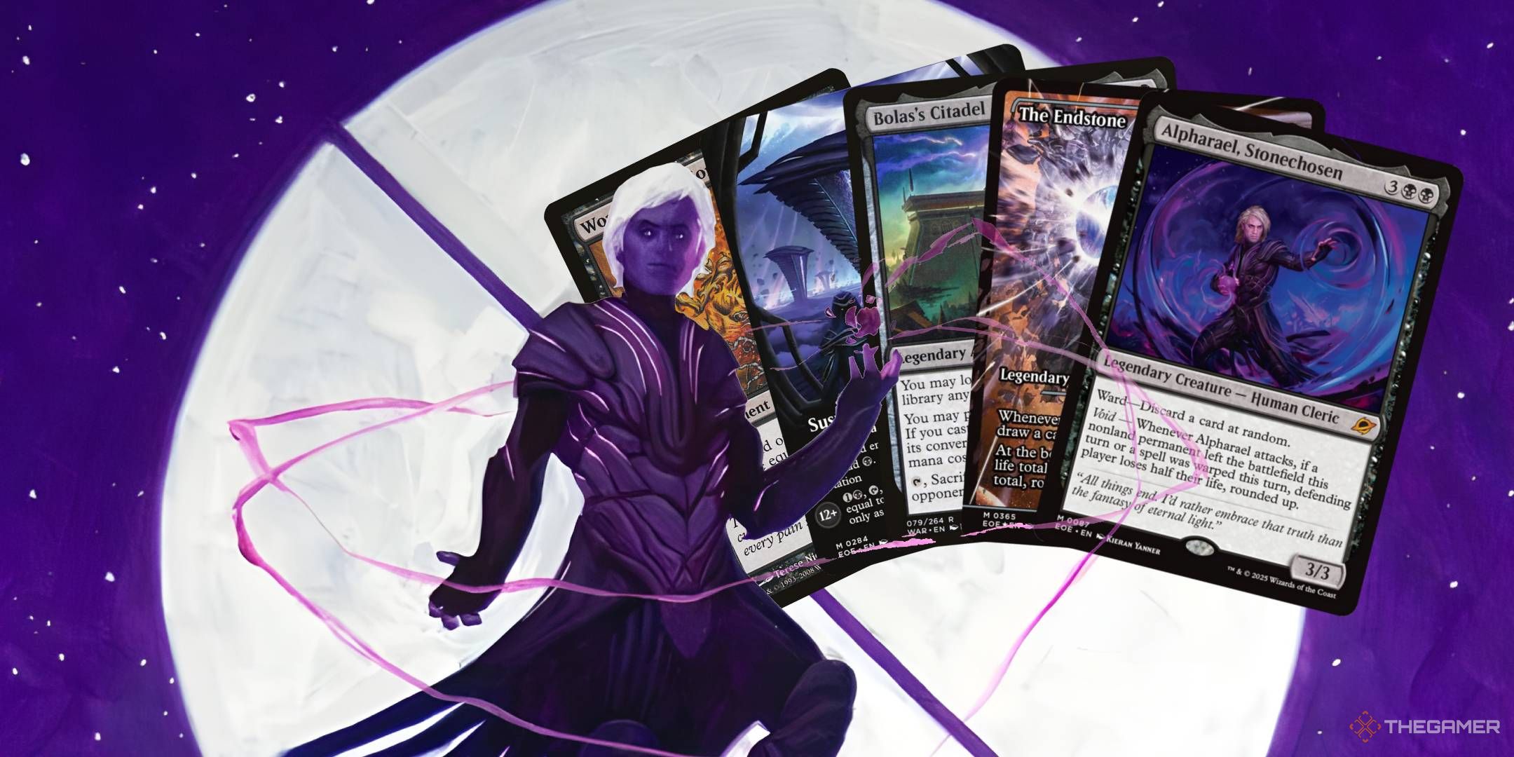 Alpharael, Stonechosen, backlit by a full moon with five of the deck's key cards flanking him.