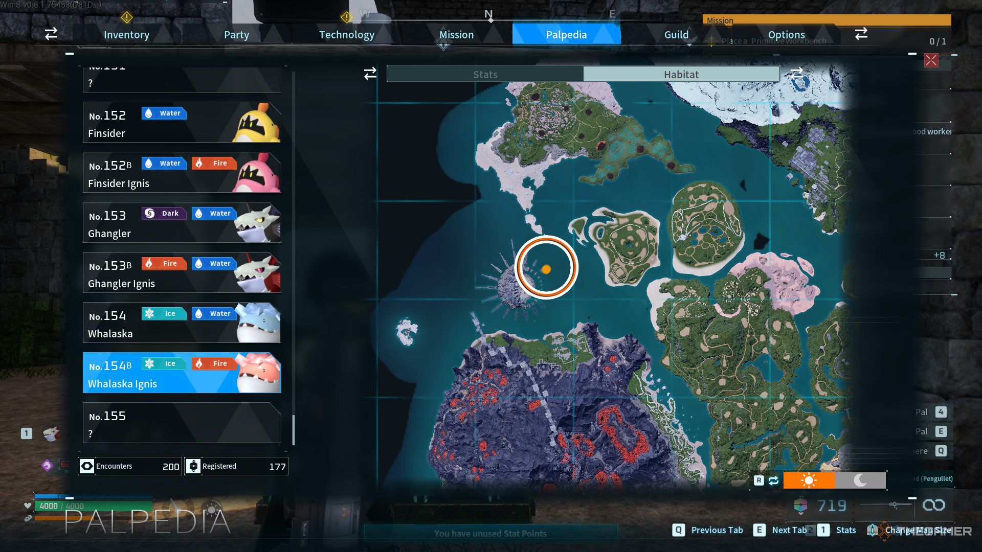An orange circle shows the spawning location of Whalaska Ignis, Near No 2 Wildlife Sanctuary in Palworld.