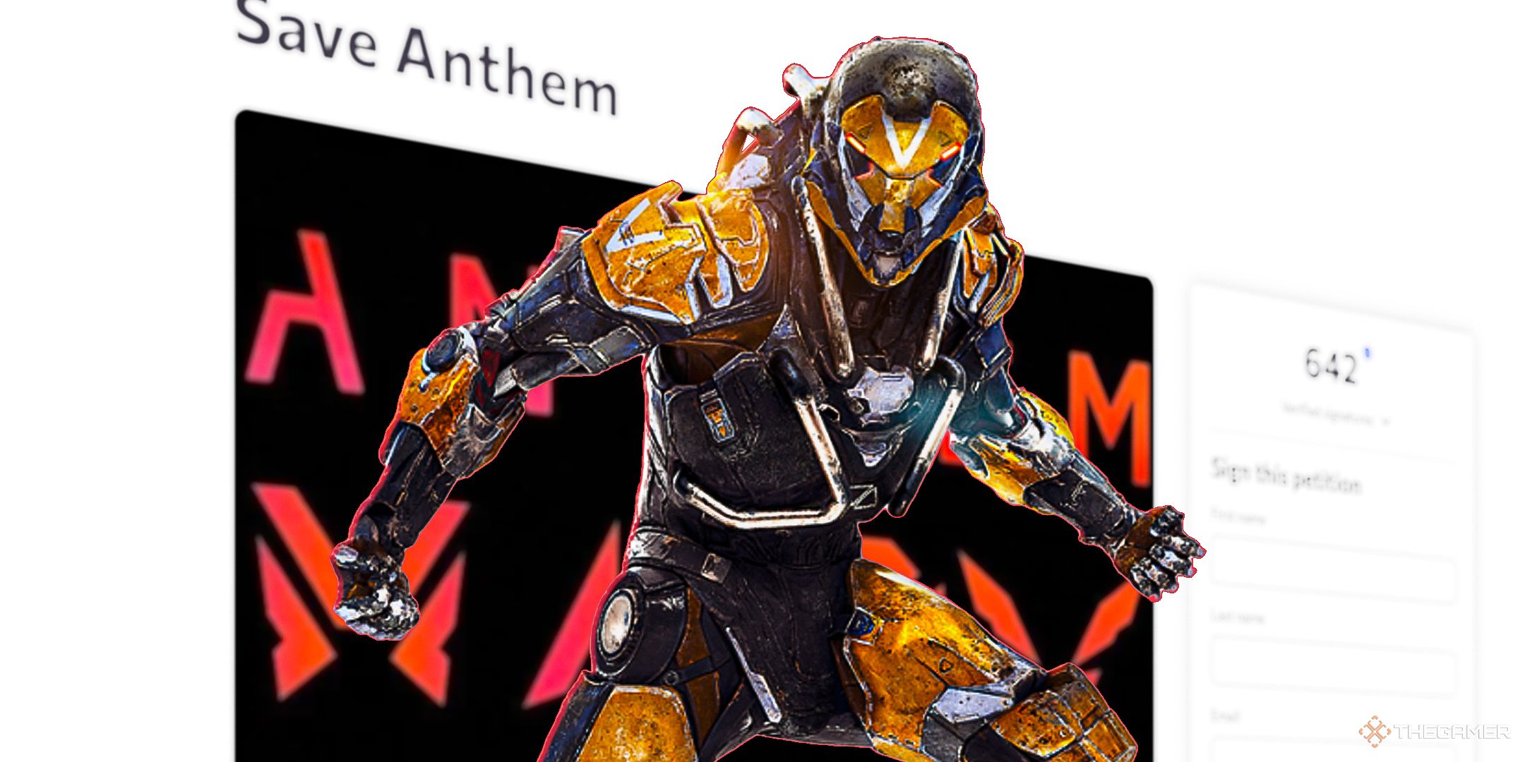Anthem player standing in front of a petition to save the game.