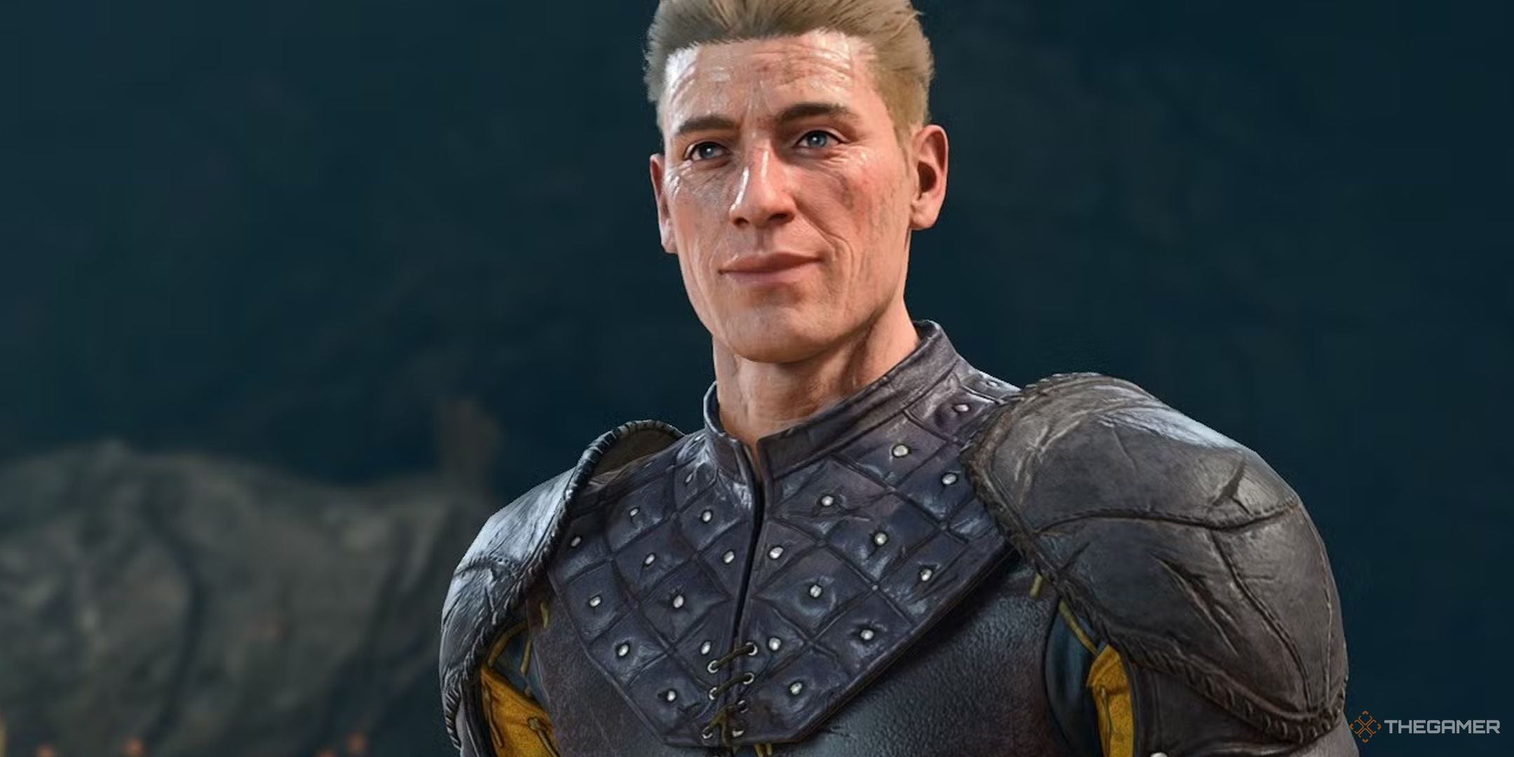 Baldur's Gate 3 screenshot of Rugan smiling at a character who is off-camera.-1