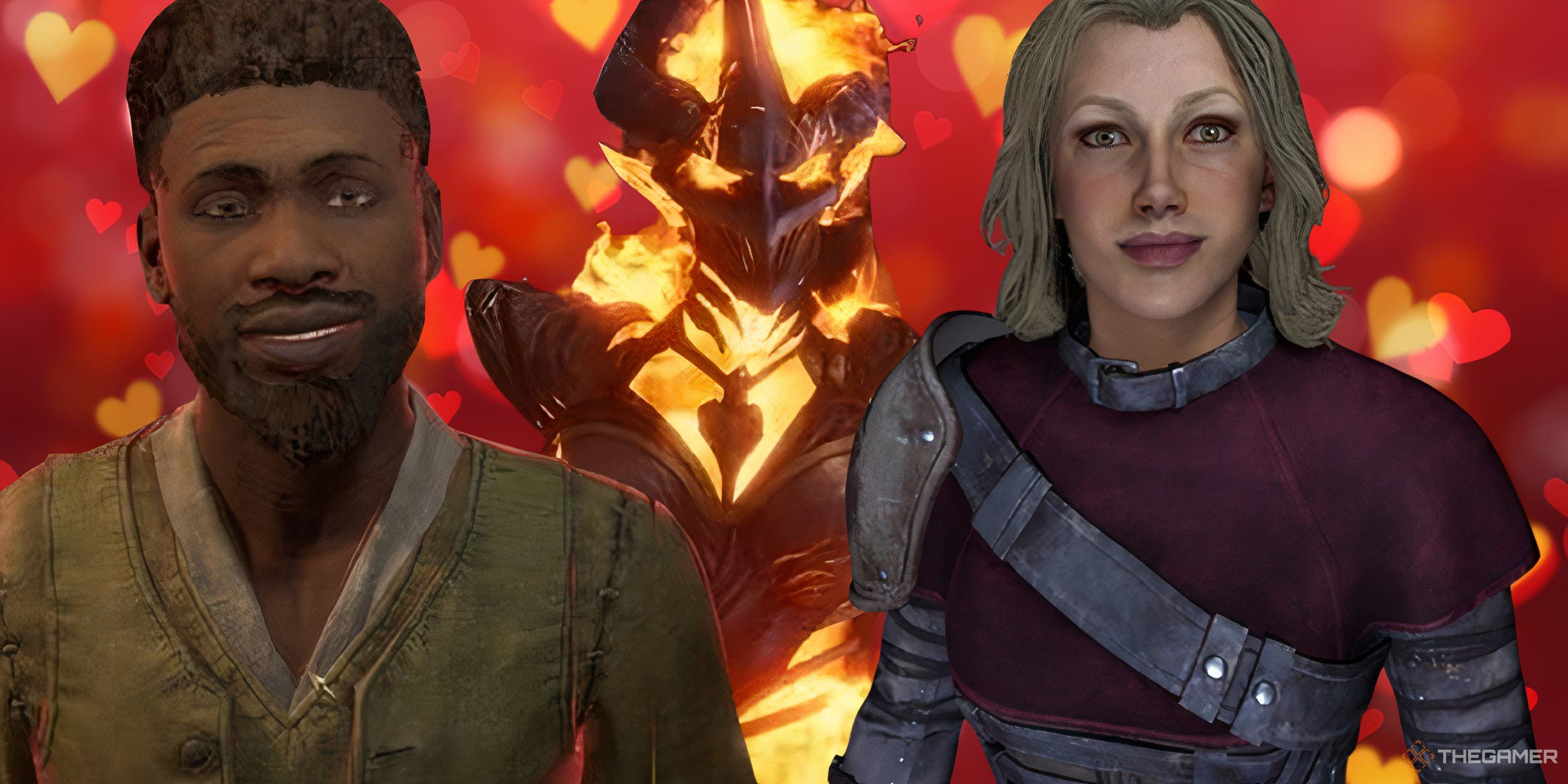 Baurus, Antoinetta Marie, and a Flame Atronach from Oblivion Remastered on a love heart filled background.
