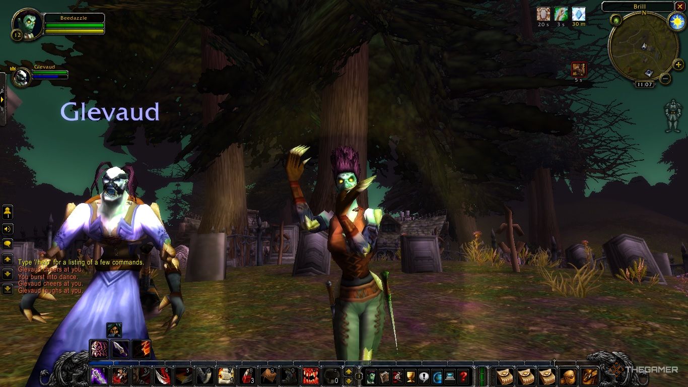 BeeDazzle and Glevaud dancing in a graveyard in World of Warcraft Classic.