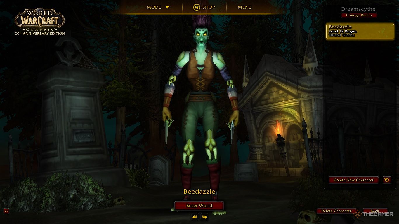 BeeDazzle the undead rogue on the start screen of WoW classic.