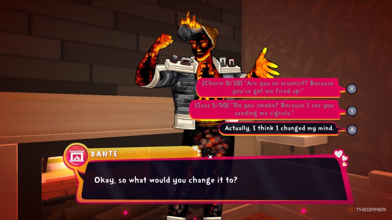 Being locked out of two answers with Dante in Date Everything! because your stats aren't high enough to choose them.