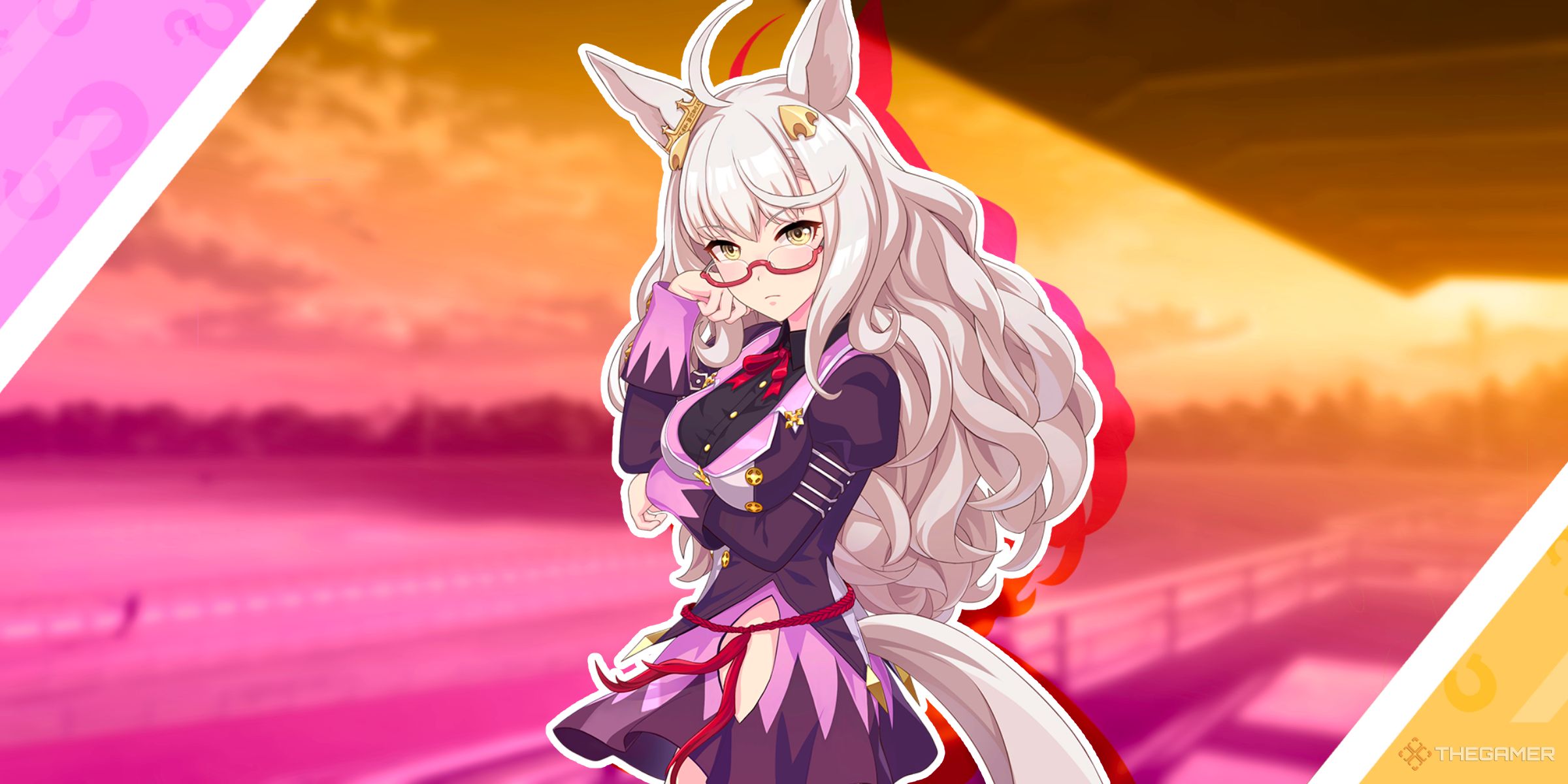 Biwa Hiyahide in her race outfit in front of a race track from Umamusume Pretty Derby.