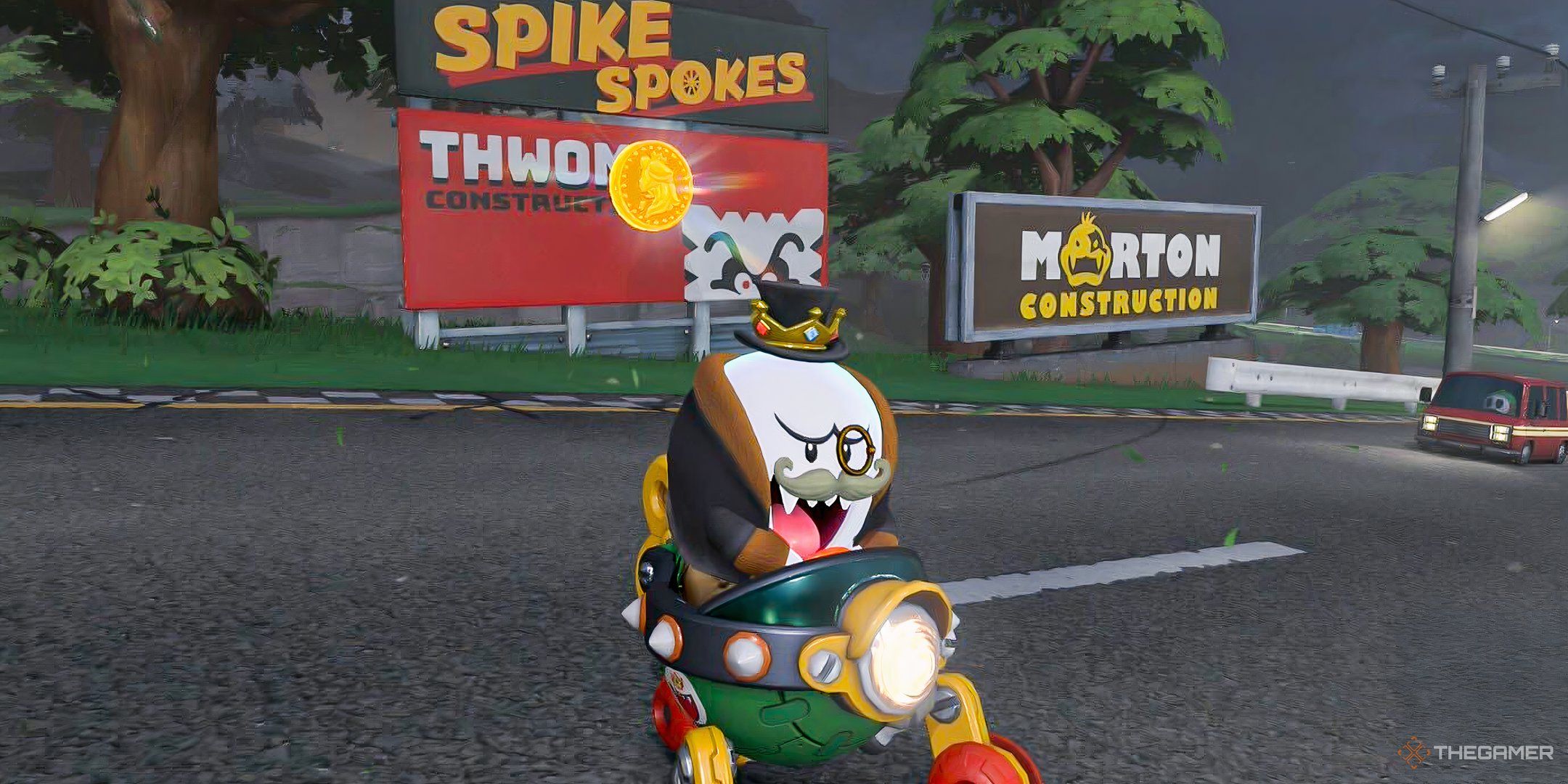 King Boo wearing a fancy outfit in front of advertising hoardings.