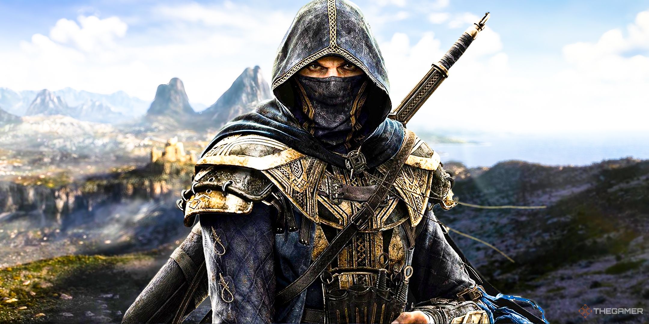 Breton Hero from The Elder Scrolls Online standing in the mountain range from The Elder Scrolls 6 teaser.