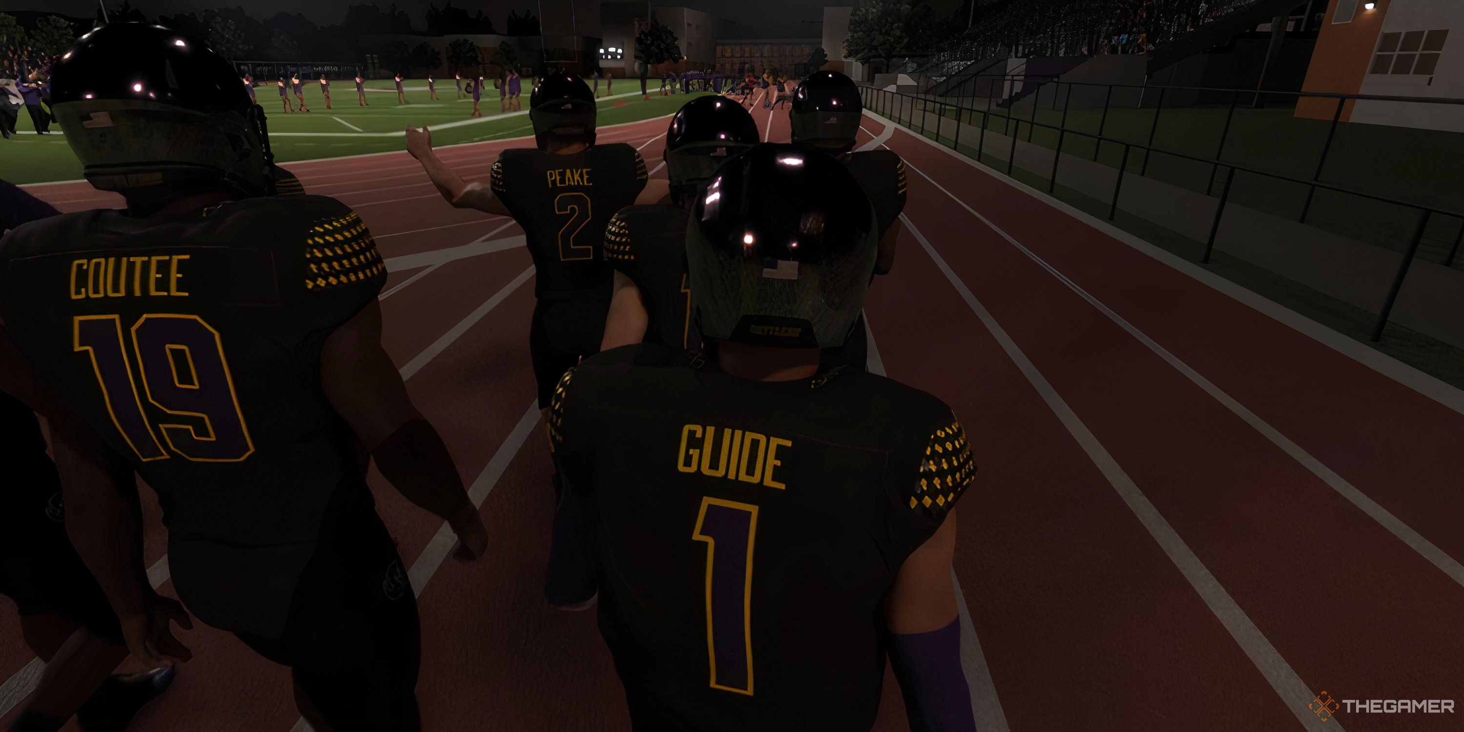 A high school player walking out onto the field in College Football 26.