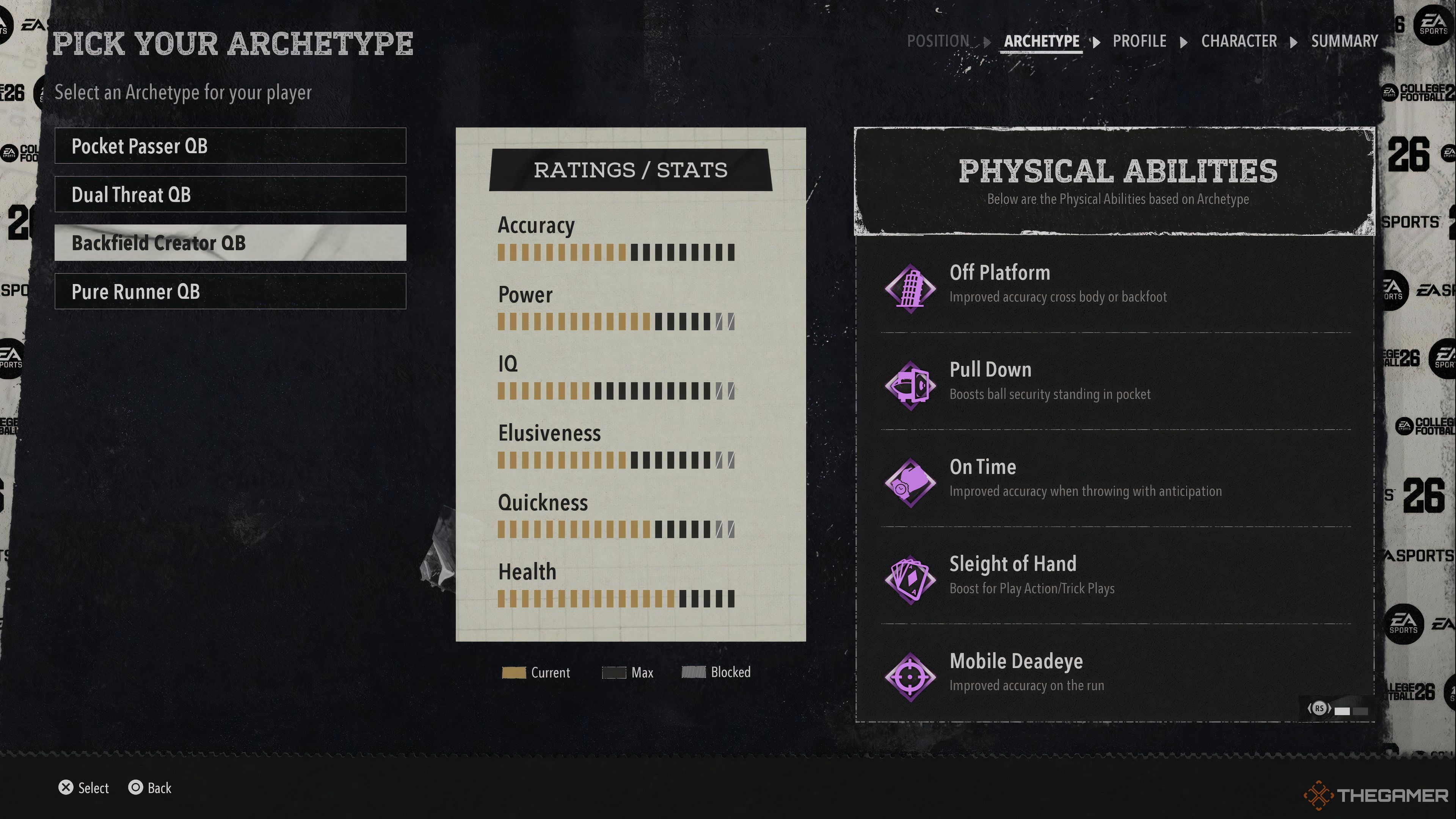 The Backfield Creator stats and physical ability suite in College Football 26.