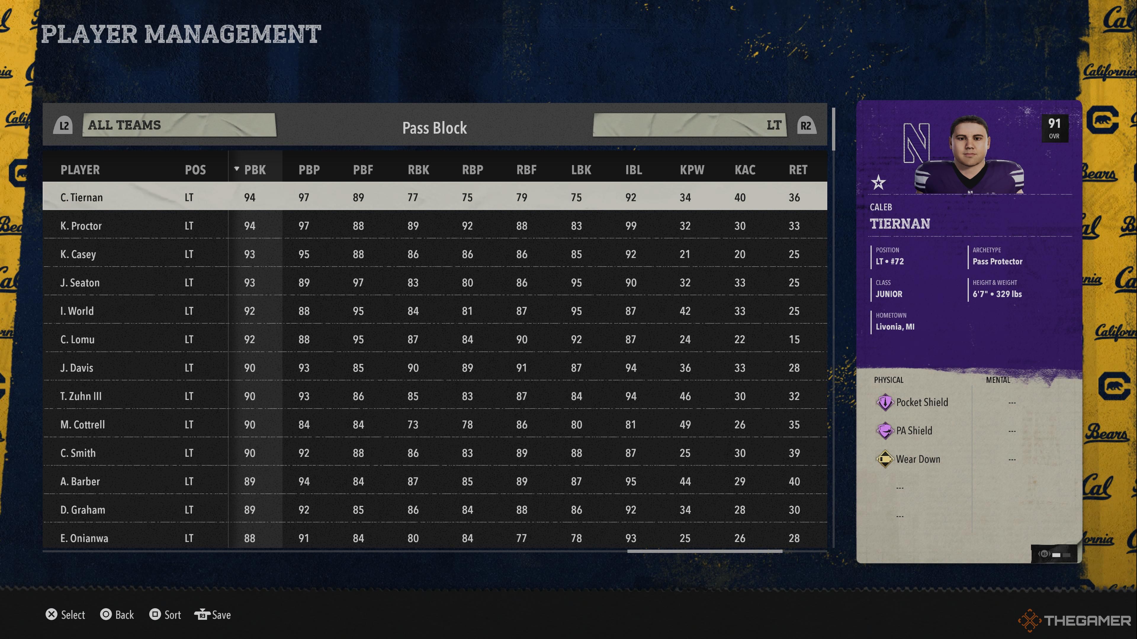 Pass block ratings in College Football 26.
