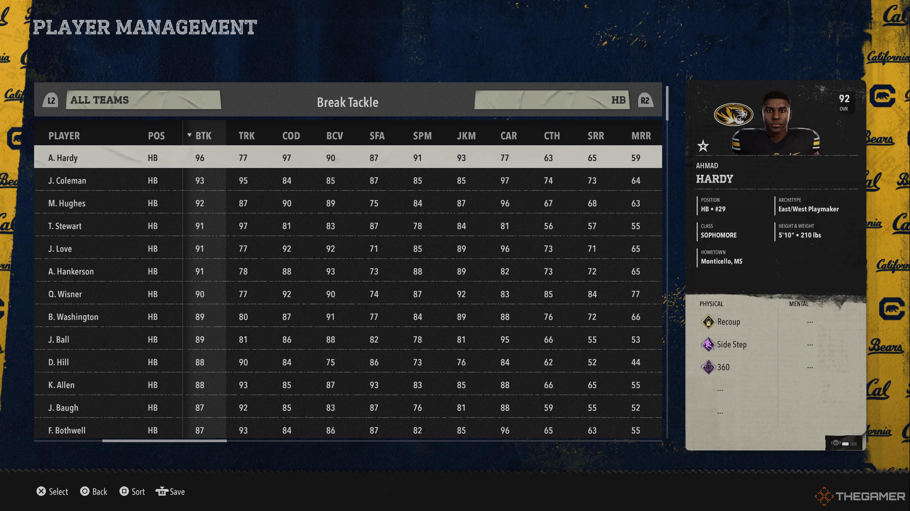 Player management screen showing break tackle ratings in College Football 26.