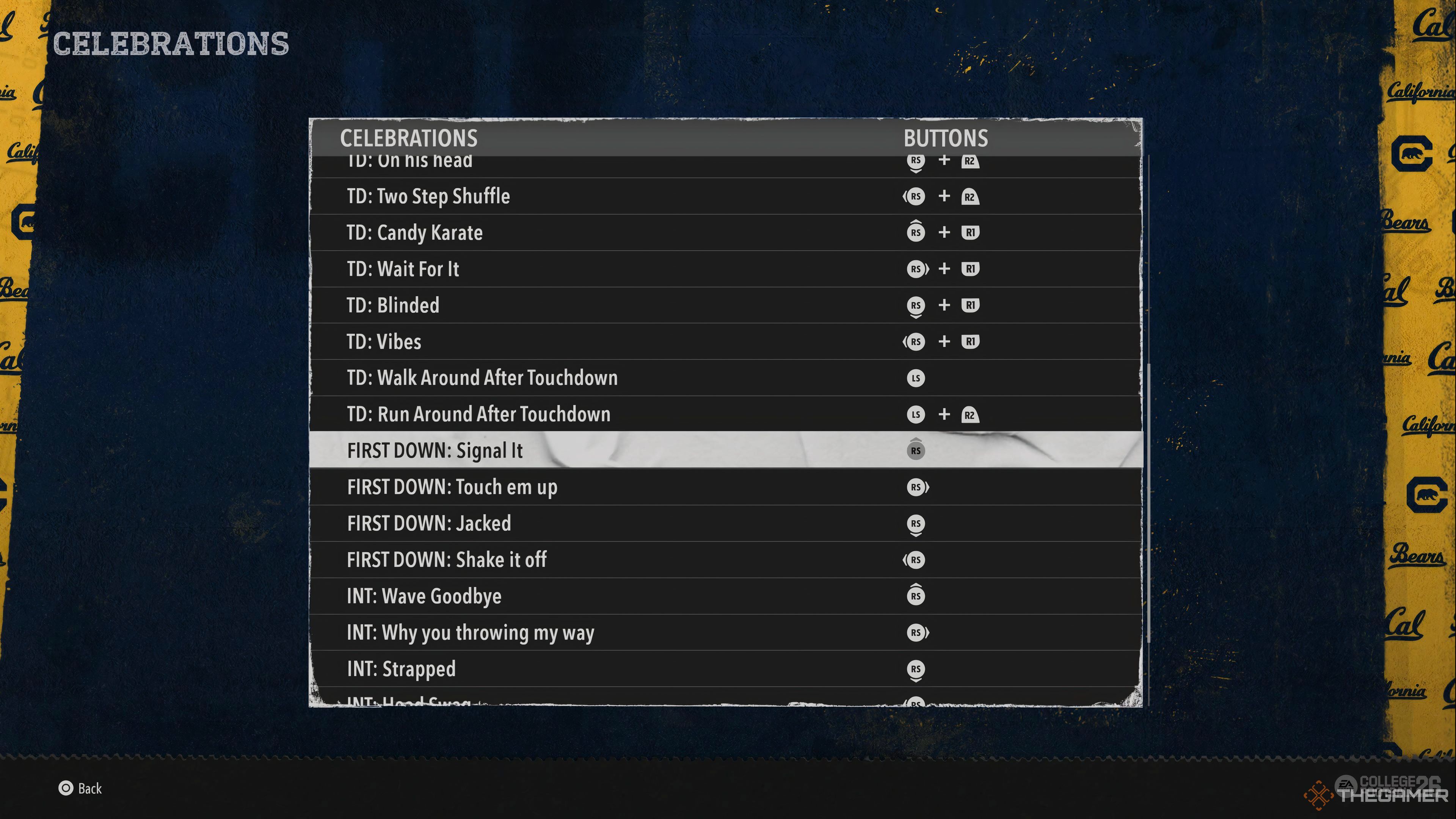A menu displaying the first down celebration inputs in College Football 26.