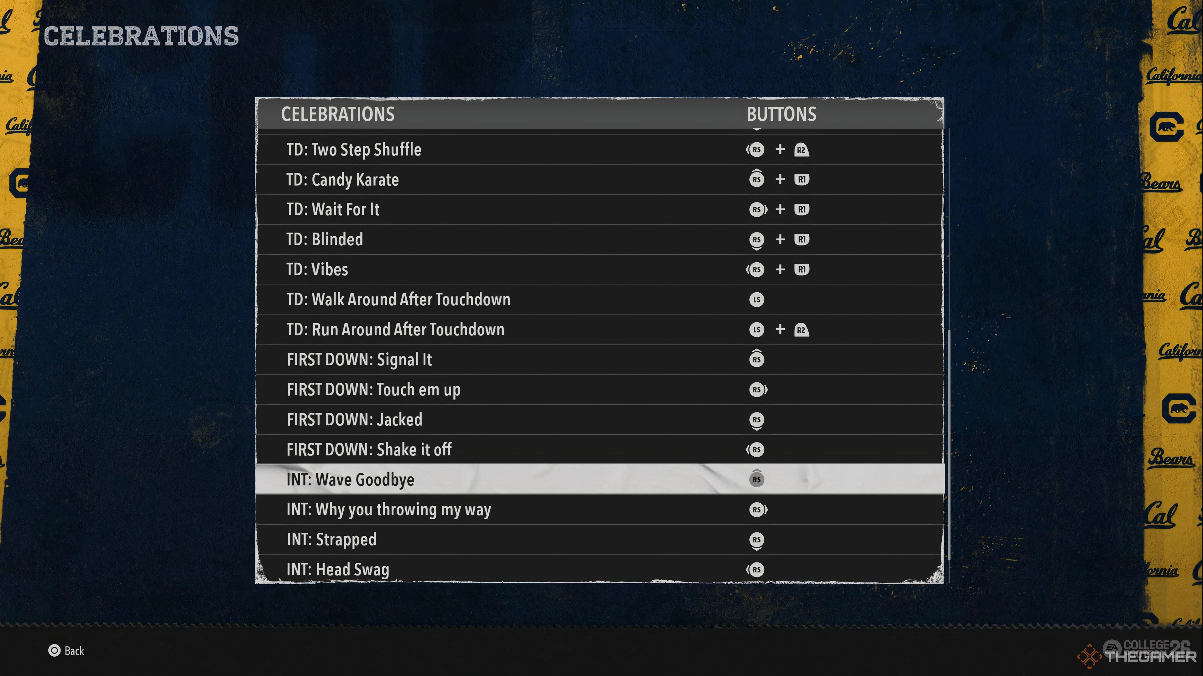 A menu displaying the interception celebration inputs in College Football 26.