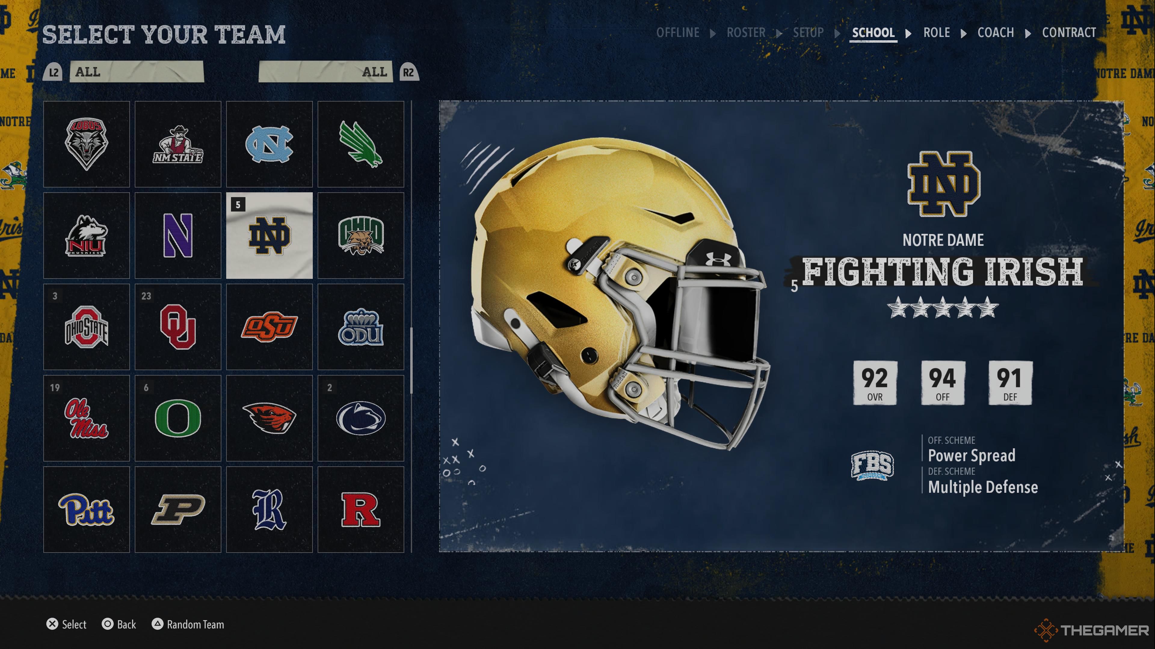 Selecting Notre Dame in Dynasty mode in College Football 26.