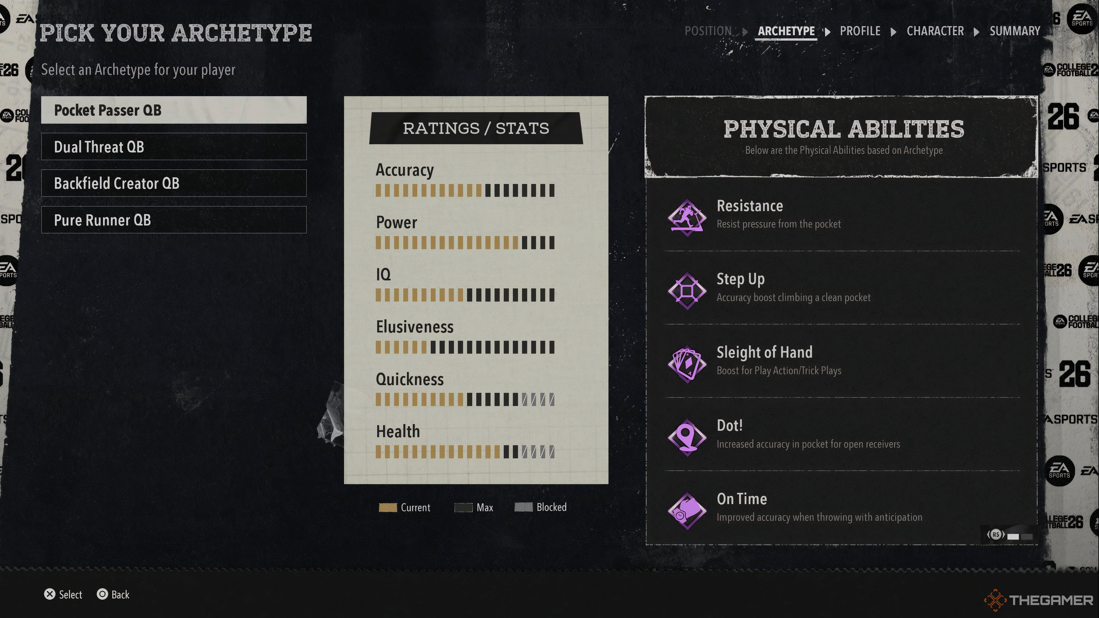 The Pocket Passer stats and physical ability suite in College Football 26.