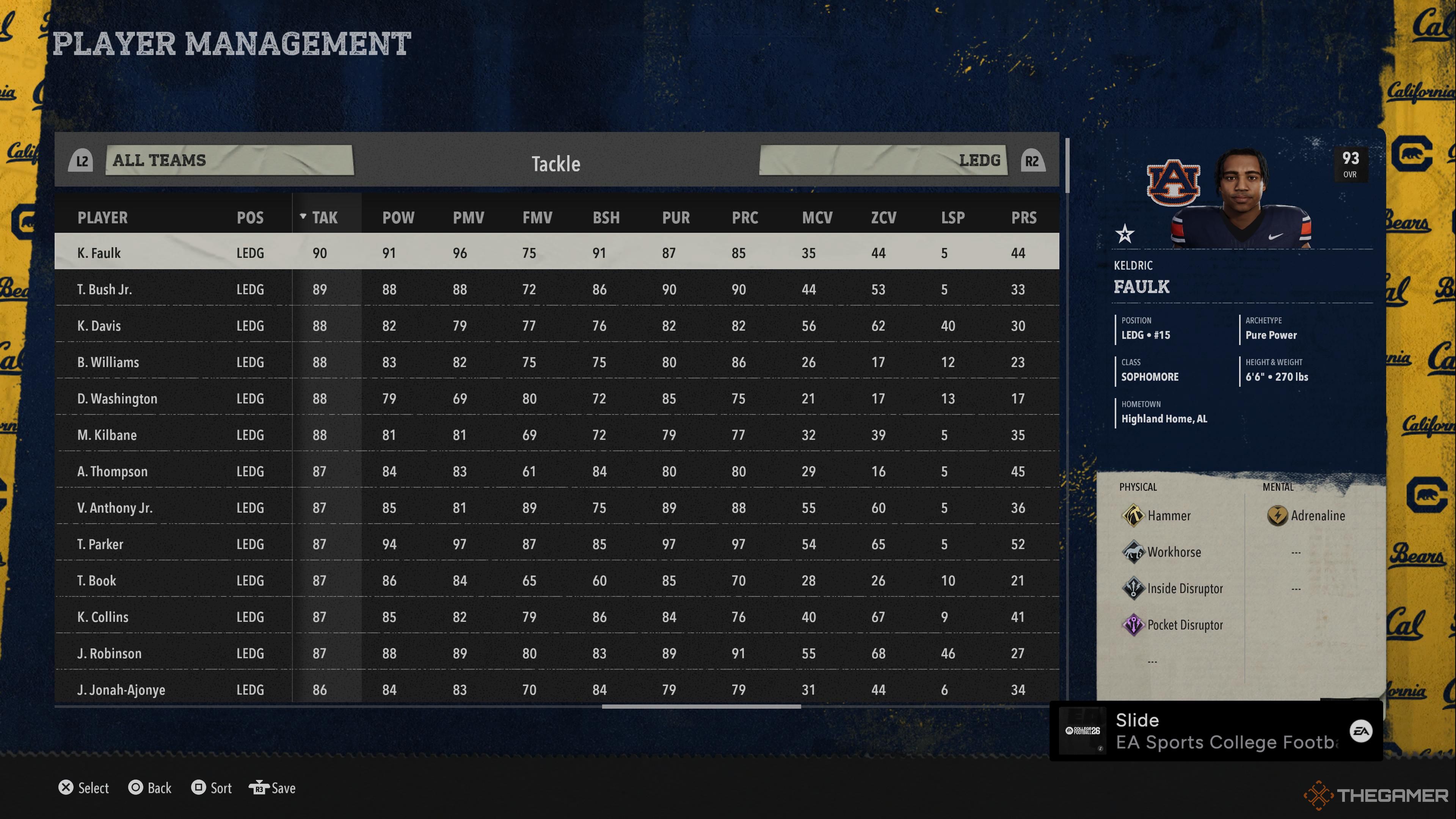 Player management screen showing tackle ratings in College Football 26.