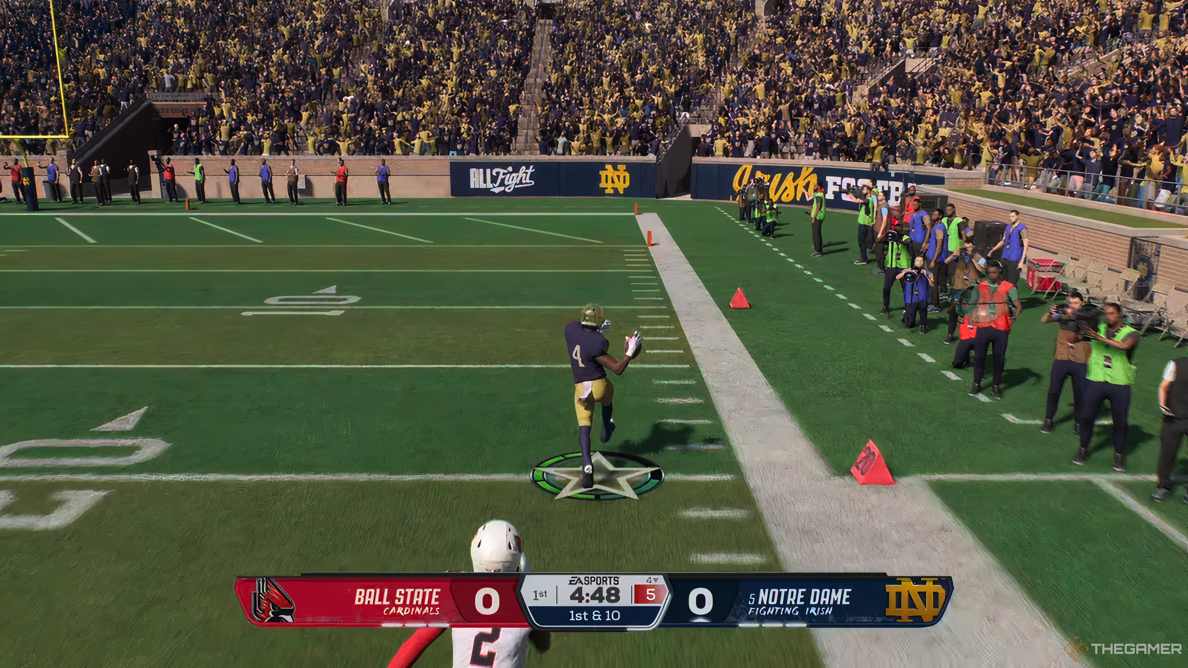 A Notre Dame player taunting on the way to the endzone in College Football 26.