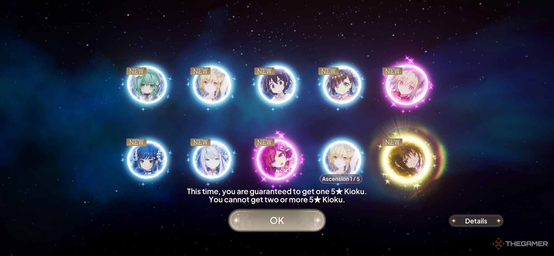 Character rarity colors in a free gem banner in Madoka Magica Magia Exedra.