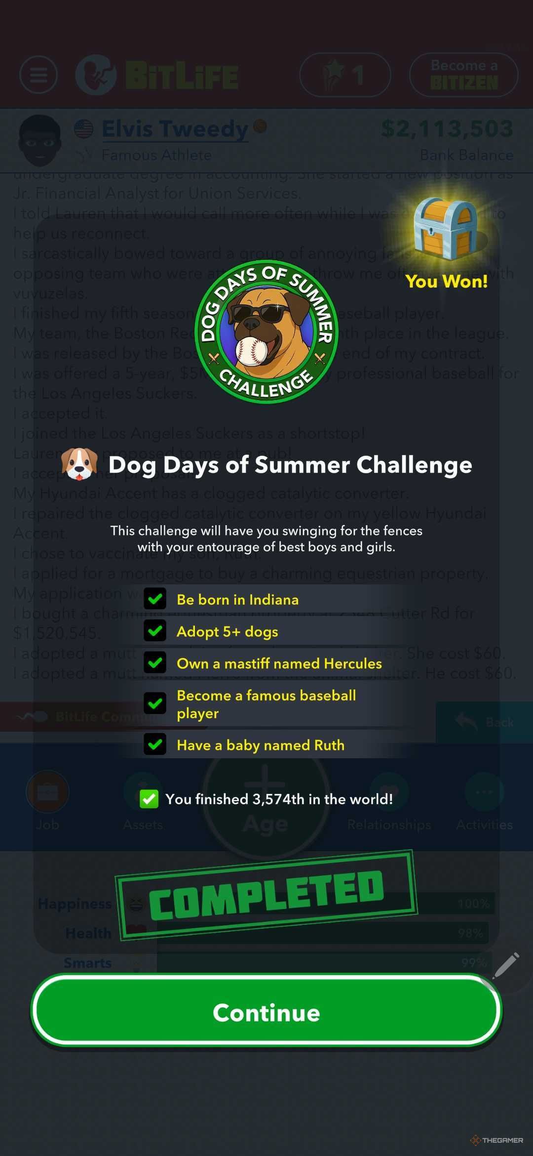 Completed Dog Days of Summer Challenge in BitLife.