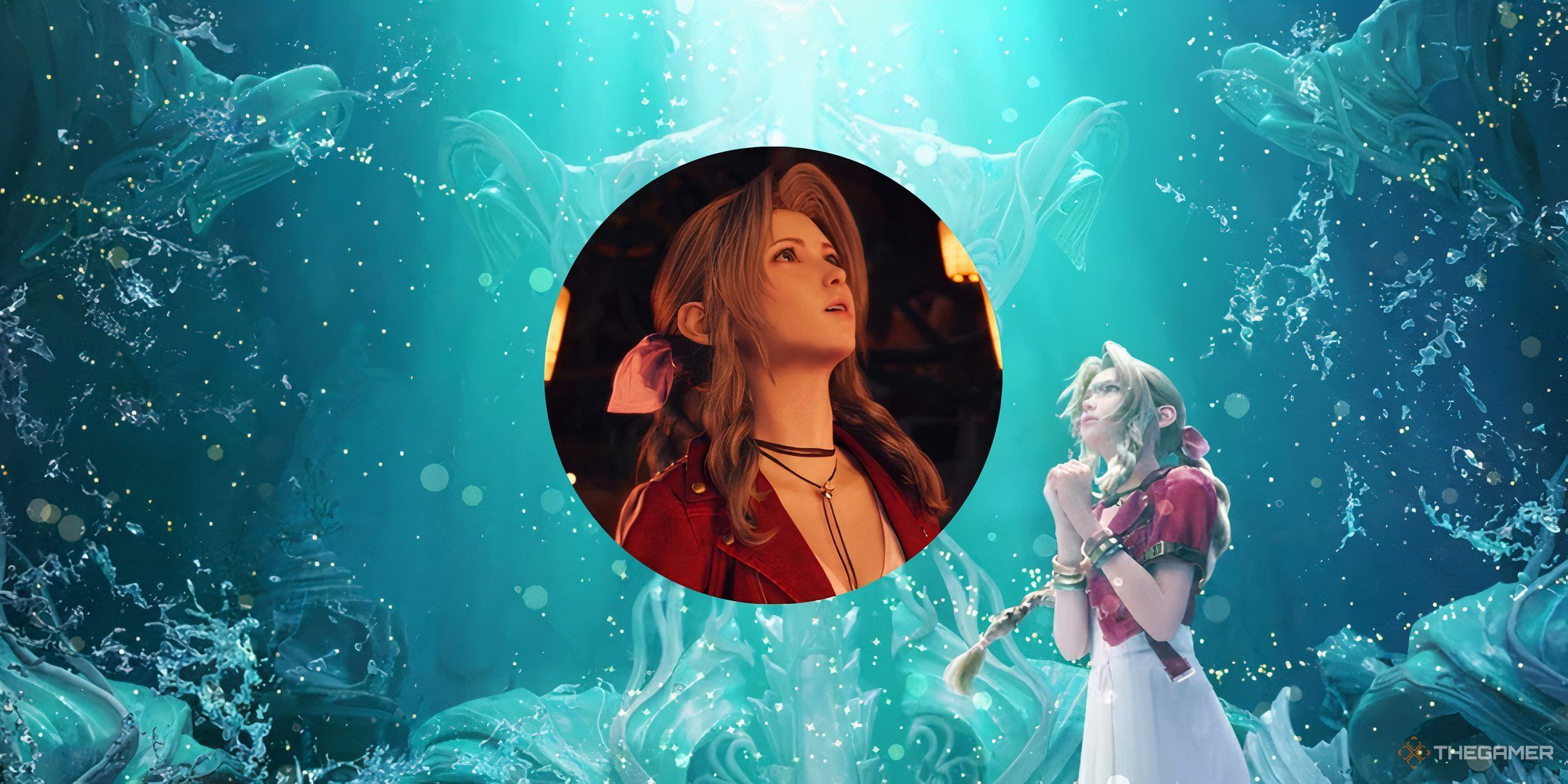 Aerith in a circle looking up at the sky with a bu background of Aerith praying on the ground from Final Fantasy 7.
