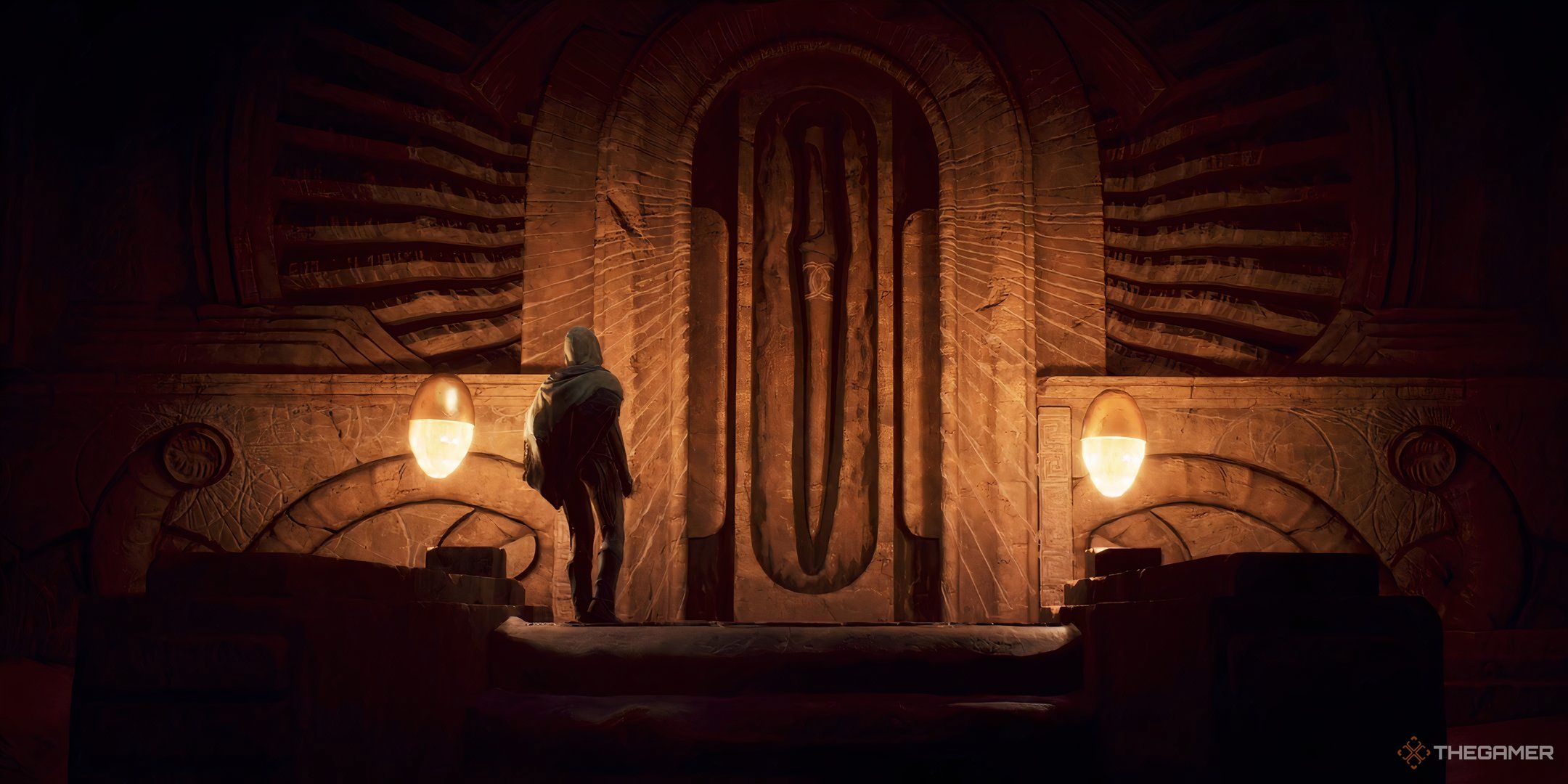 A character in Dune: Awakening standing in front of a Fremen altar.
