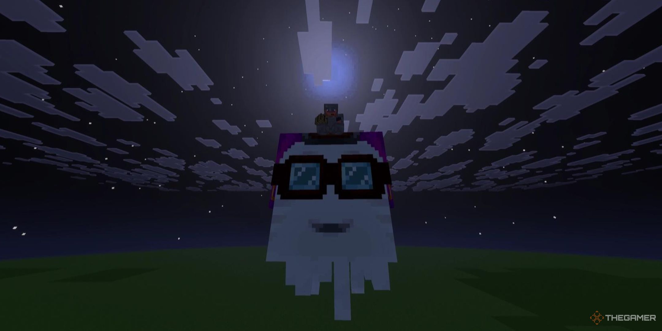 A character rides a Happy Ghast in front of the moon in Minecraft.