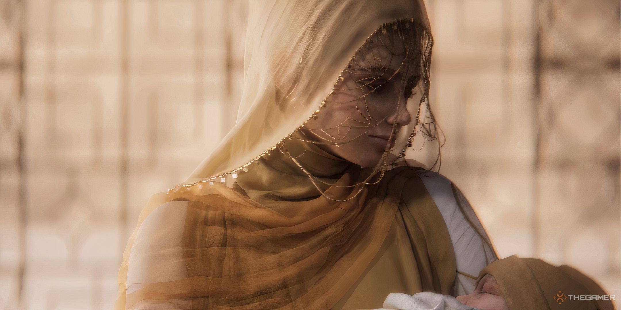 Jessica from Dune: Awakening holding a baby.