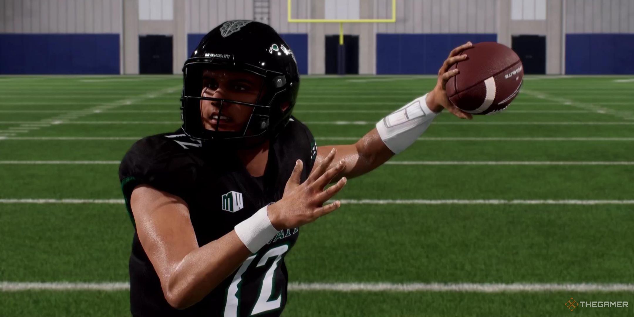 A quarterback throws a football in College Football 26.