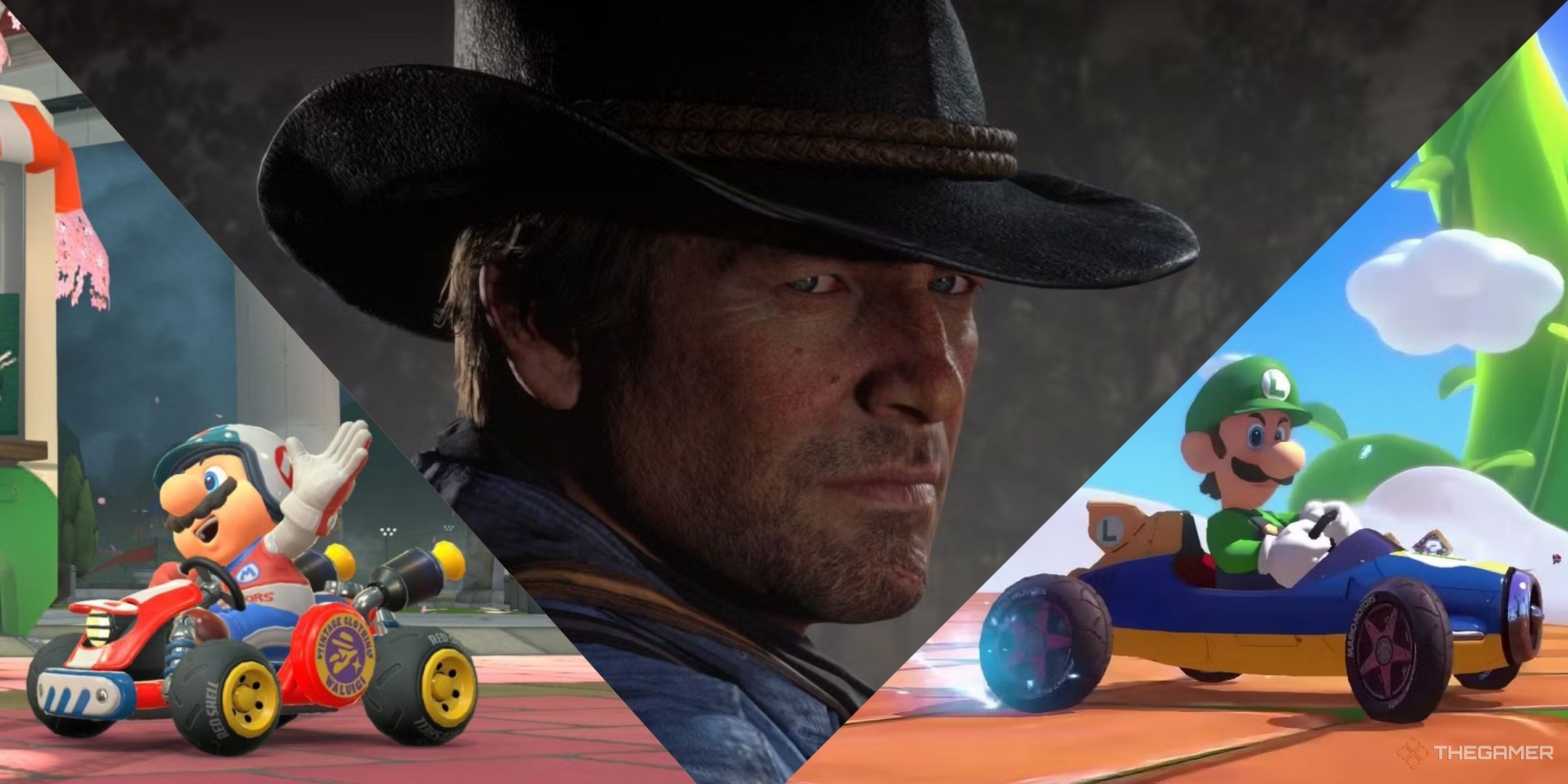 Arthur Morgan stares us dead in the soul in the center, Mario waves happily on the left, while Luigi glares at us.