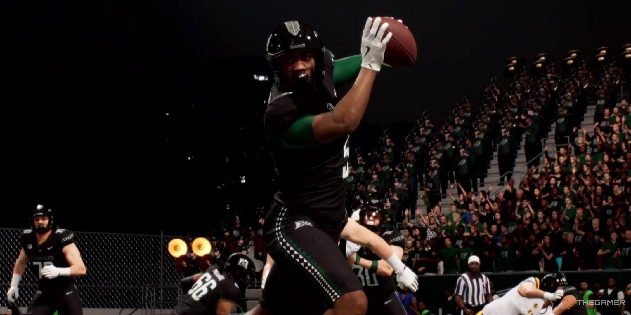 A player catches a football and looks upfield with the night sky above him in College Football 26.