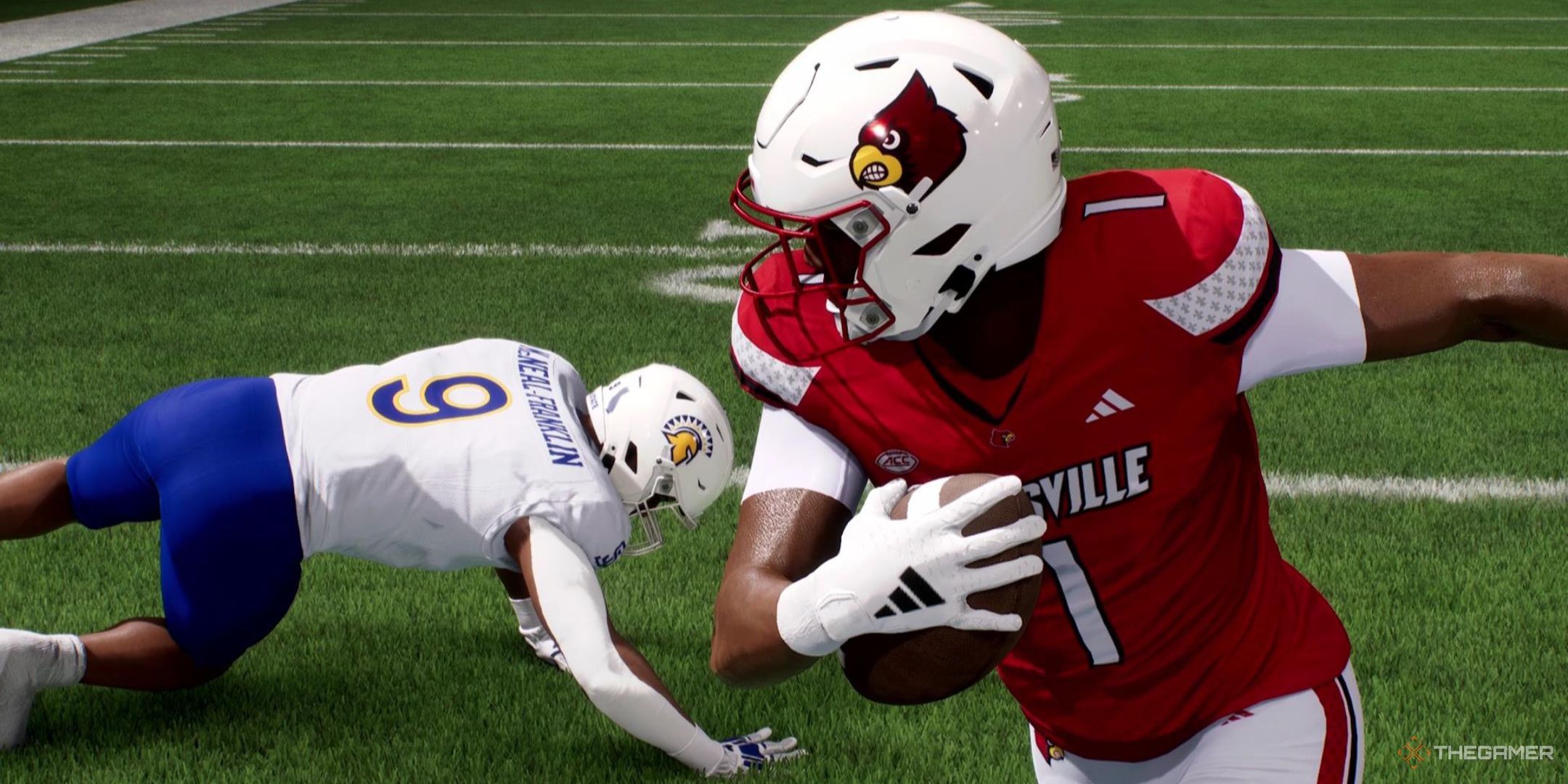 A running back looks back at a defender on the ground in College Football 26.