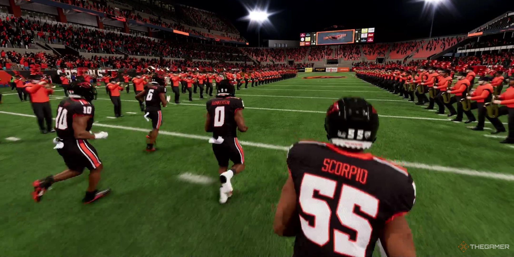 A group of players run onto the field in College Football 26.