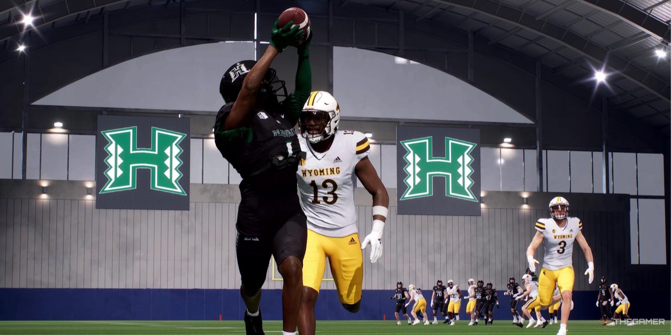 A WR catches a deep ball in College Football 26.