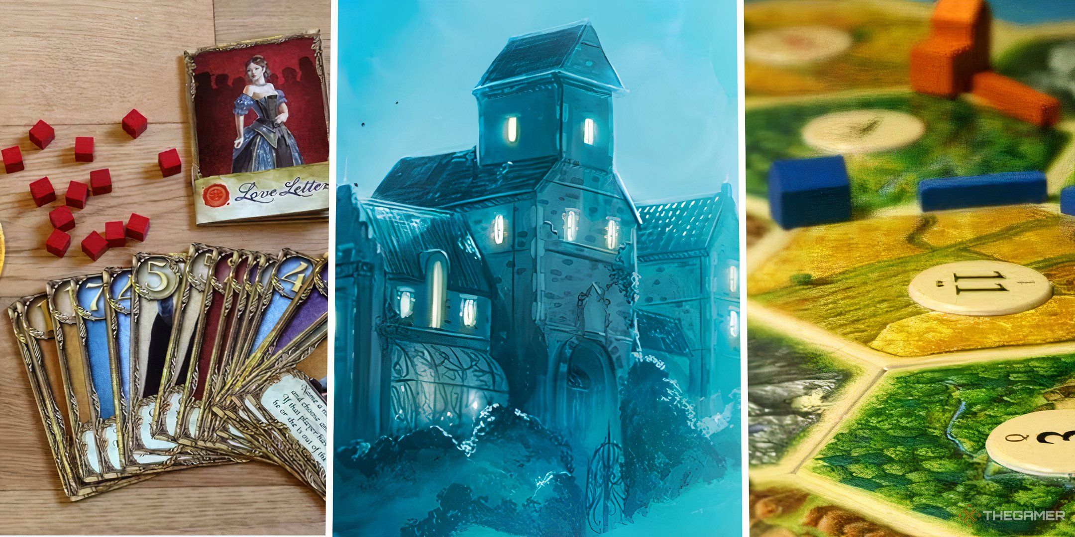 A split image of three board games, Love Letter, Mysterium and Catan.