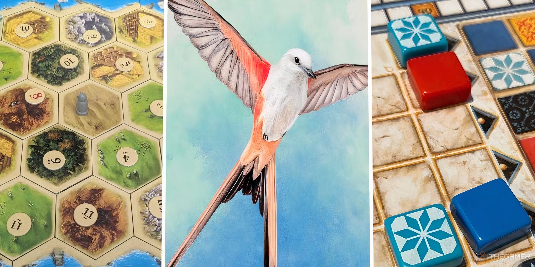 A split image of Settlers of Catan, Wingspan, and Azul. 