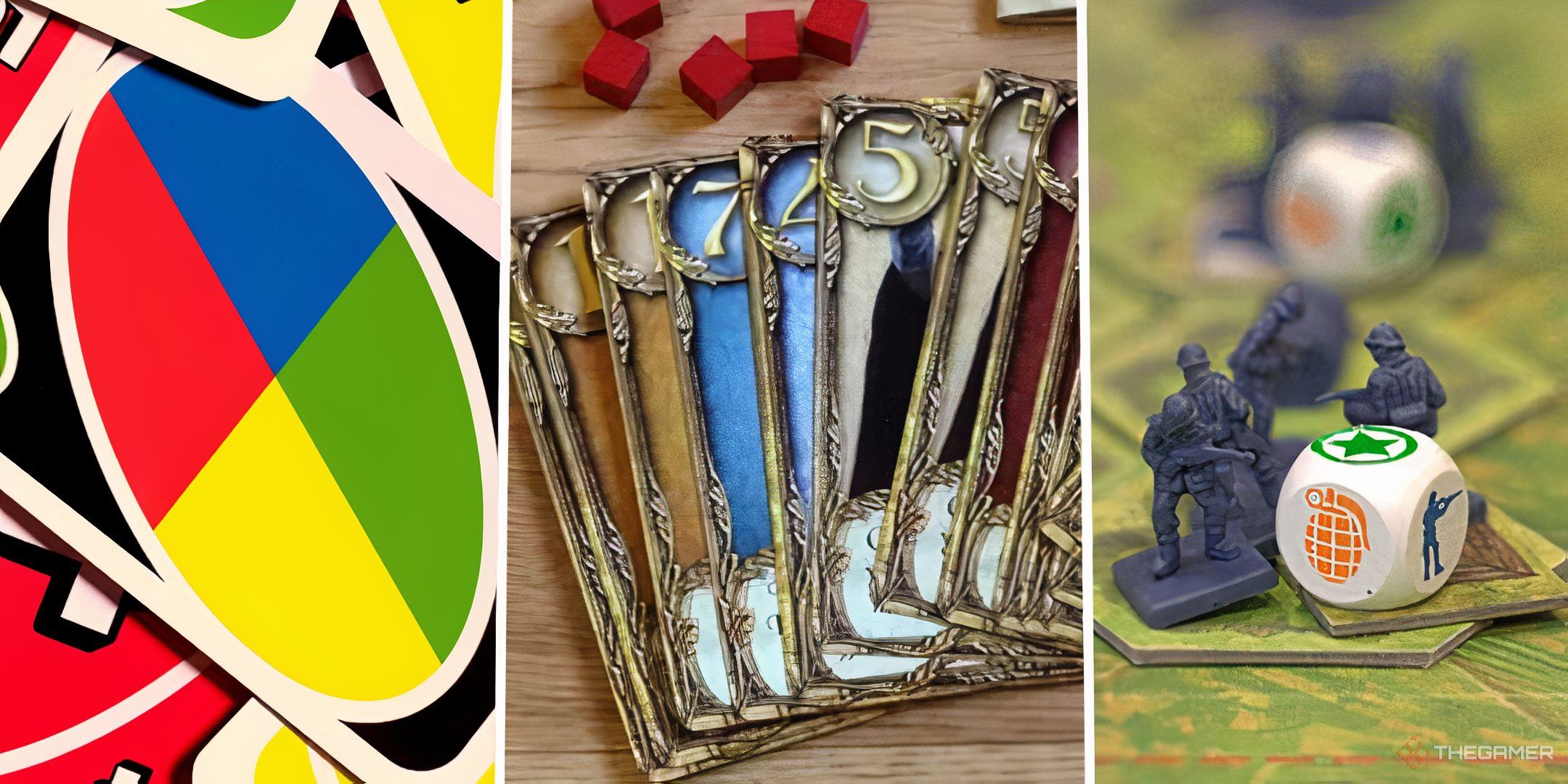A split image of a deck of Uno cards, Memoir '44 tokens, and cards from the game Love Letter.