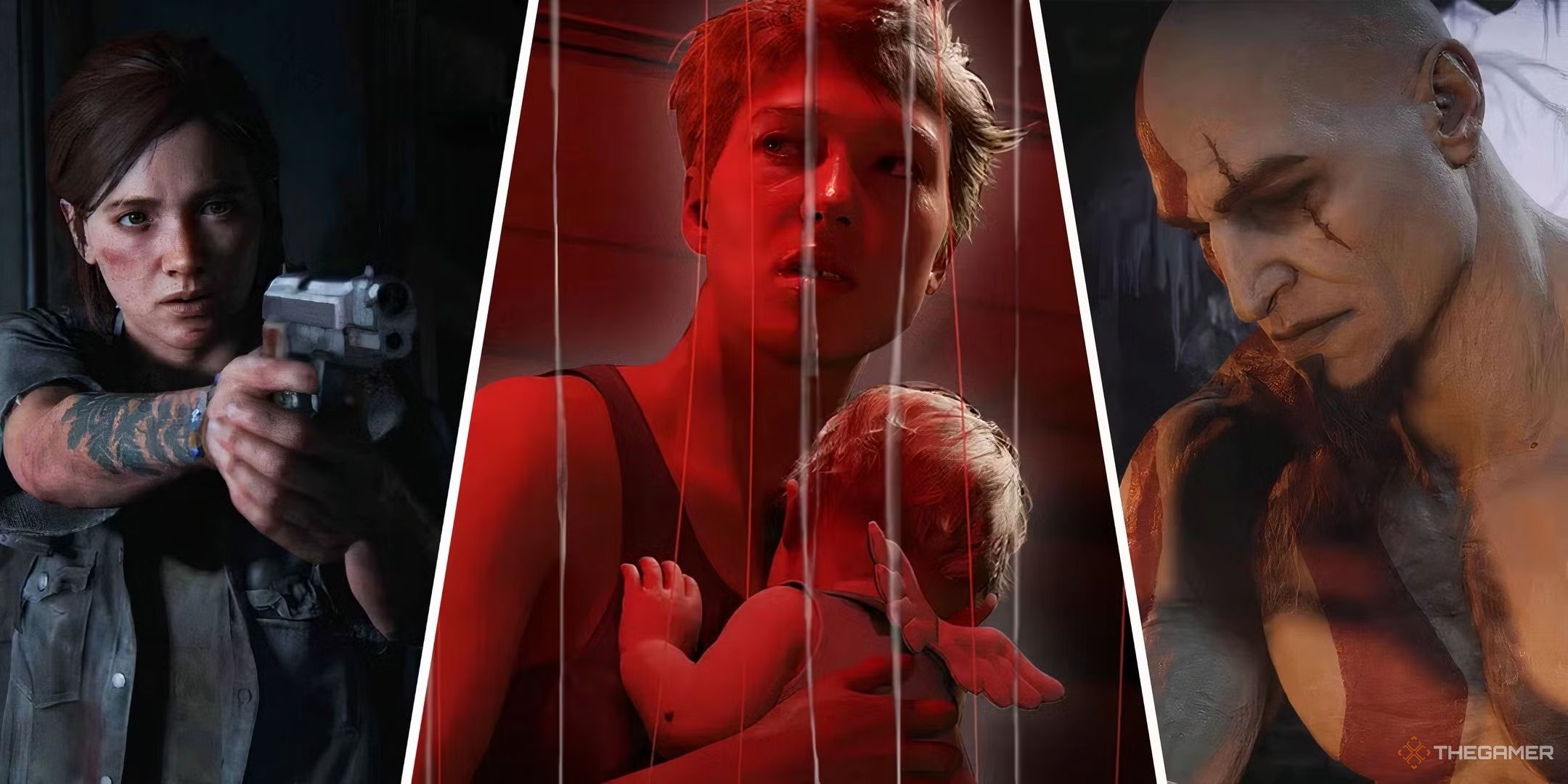 A collage image of Ellie from The Last Of Us, Fragile from Death Stranding, and Kratos from God Of War.