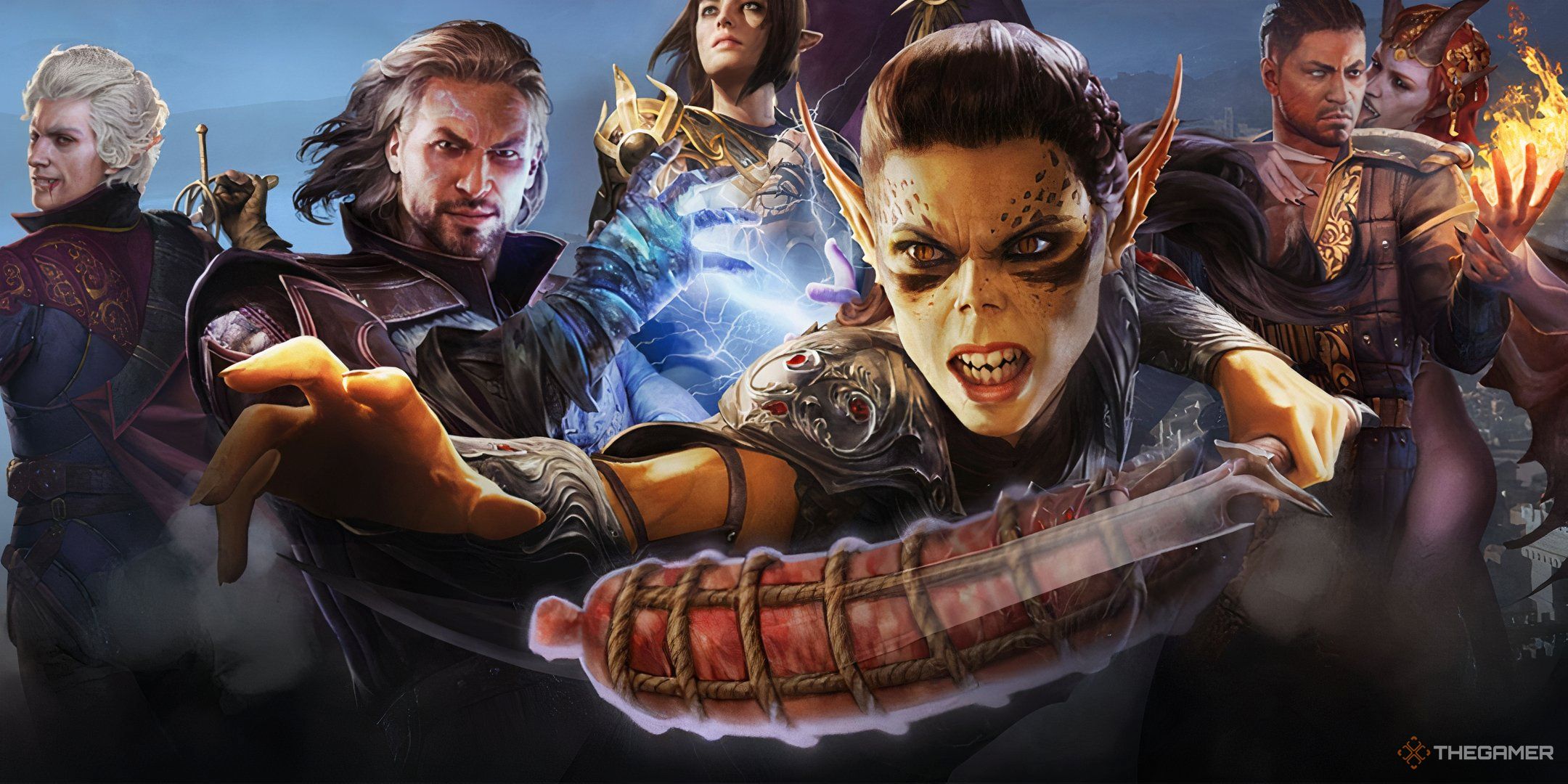 Lae'zel in front of the baldur's gate 3 companions brandishing a salami. 
