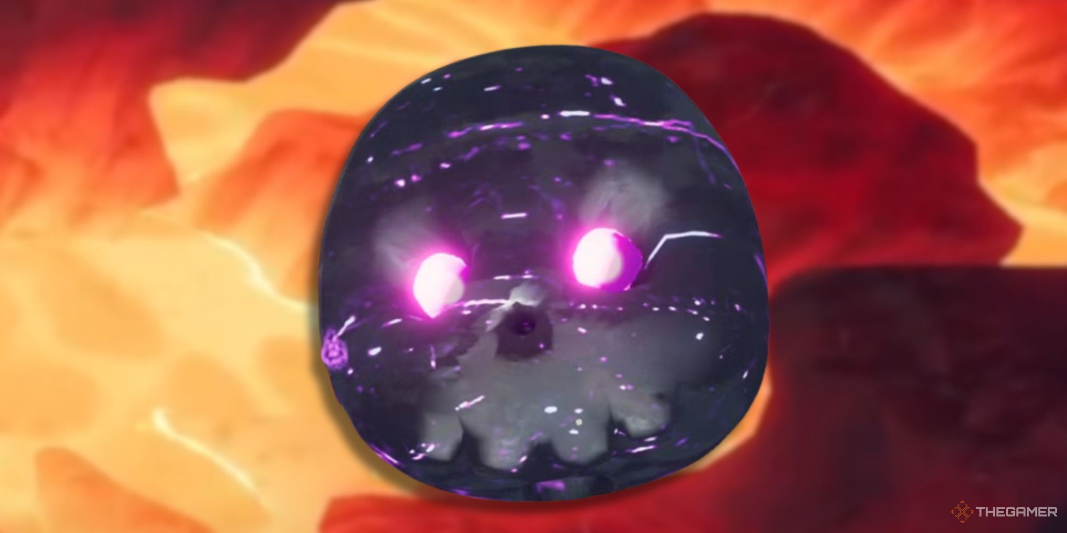 Cursed skull in front of lava in Peak.
