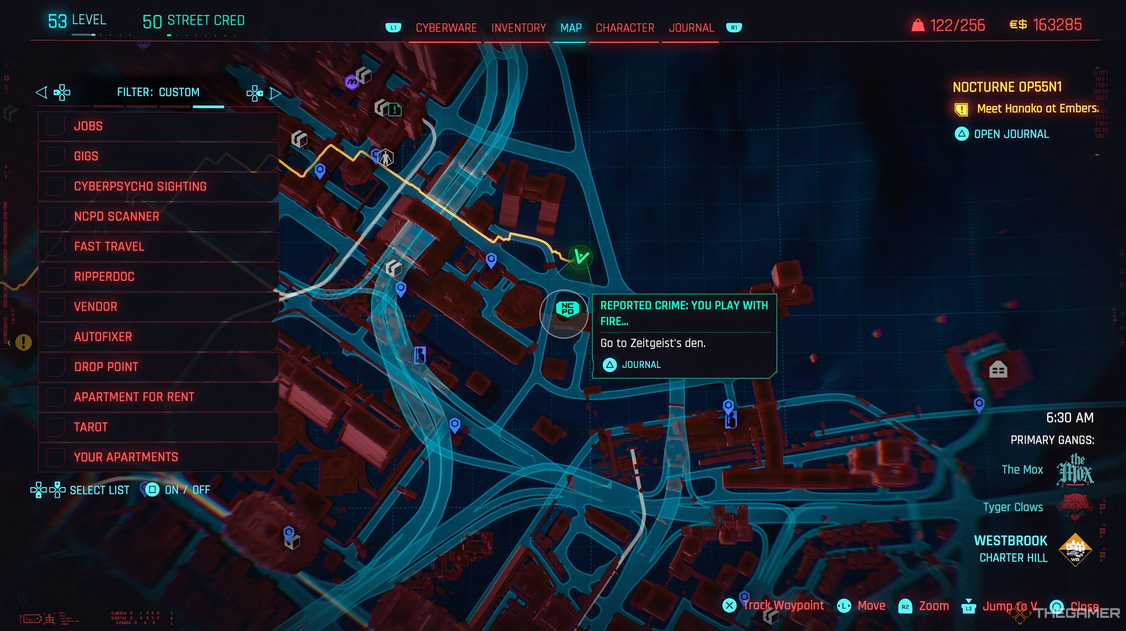 On the map of Cyberpunk 2077 with the You Play with Fire Location selected. 