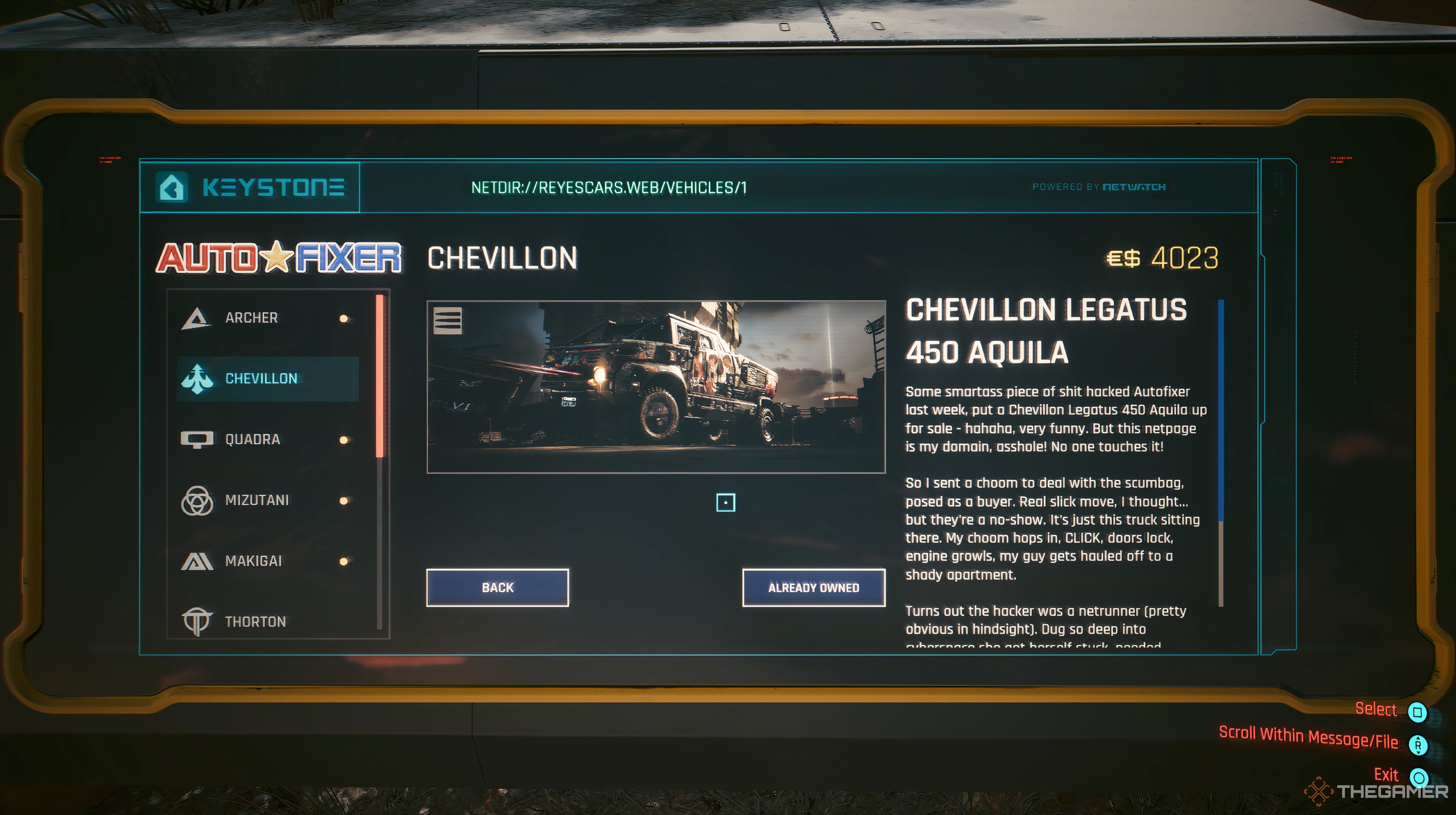 At the Aquila screen in the Autofixer in Cyberpunk 2077. The options below are Back and Already Owned. 